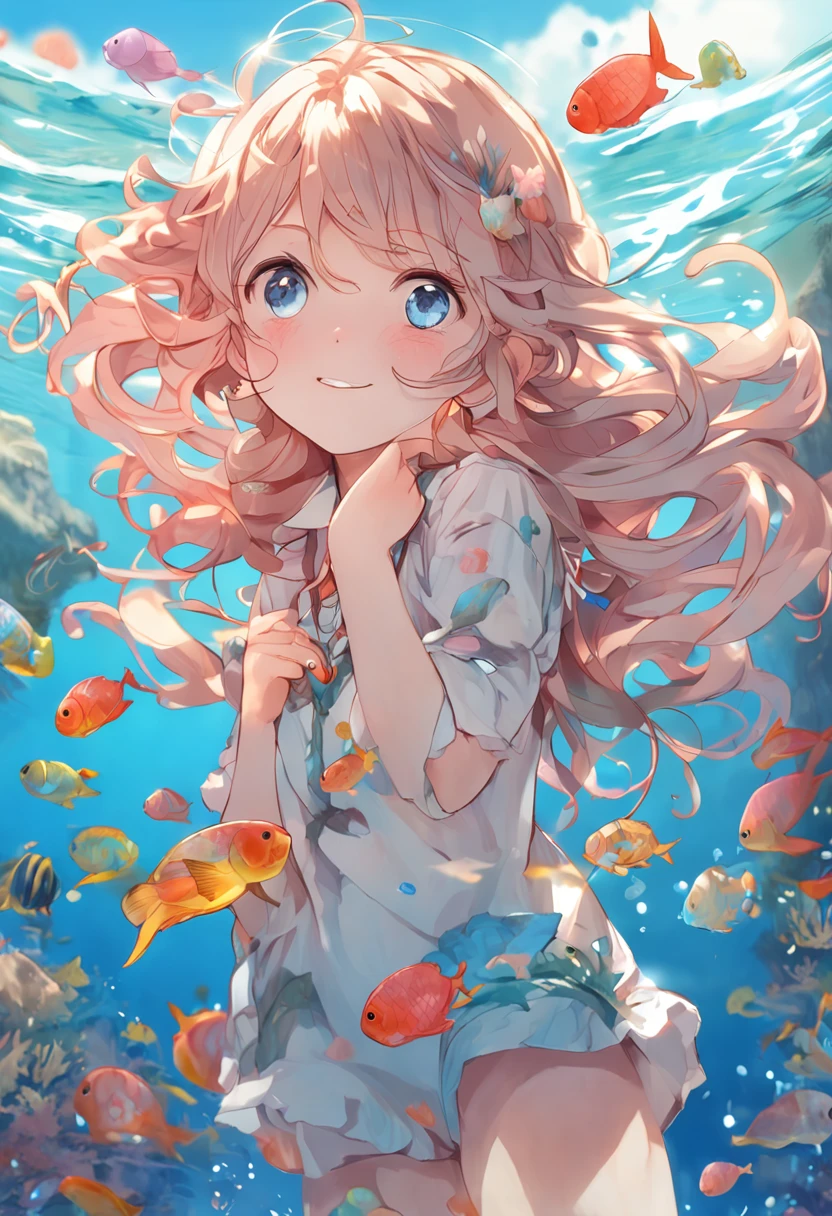 absurderes, A high resolution, (Anime style:1.1),((masutepiece)), ((Best quality)), (Ultra-detailed), (Beautiful),((Smiling kawaii girl)、Top image quality、tmasterpiece、(ocean floor、Marine life、Beautiful coral reef、The fish),Messy painting style,Hair flows in water、full body Esbian、1 rapariga、独奏、Cute Turtle、50mm portrait、Delicate facial features、Half realistic、foco nítido、Crystal clear white skin、full body Esbian、Flower garden、Smell the flowers、are flying、(A small fairy with a total length of about 10 cm:1.2)、(gently smiling)、Pink delicate eyes、(Bare legged)