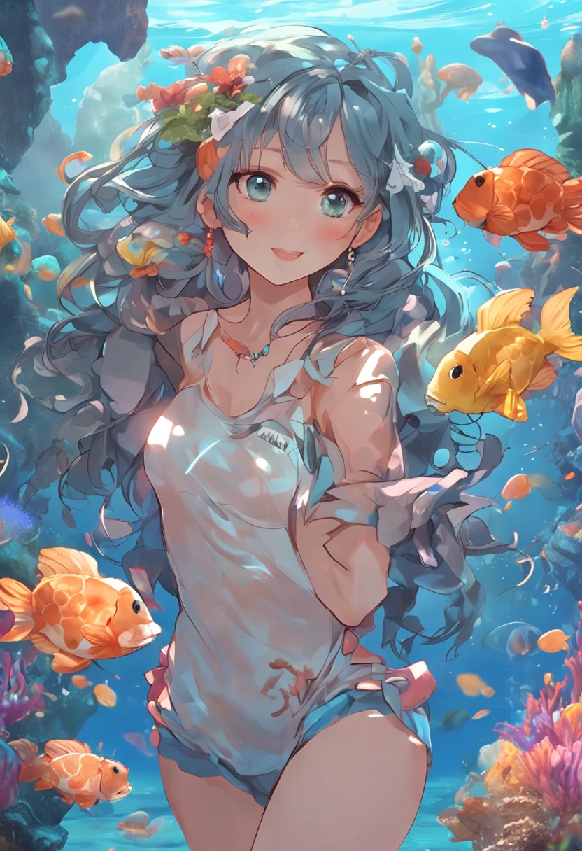 absurderes, A high resolution, (Anime style:1.1),((masutepiece)), ((Best quality)), (Ultra-detailed), (Beautiful),((Smiling kawaii girl)、Top image quality、tmasterpiece、(ocean floor、Marine life、Beautiful coral reef、The fish),Messy painting style,Hair flows in water、full body Esbian、1 rapariga、独奏、Cute Baby Turtle、50mm portrait、Delicate facial features、Half realistic、foco nítido、Crystal clear white skin、full body Esbian、Flower garden、Smell the flowers、are flying、(A small fairy with a total length of about 10 cm:1.2)、(gently smiling)、Pink delicate eyes、(Bare legged)