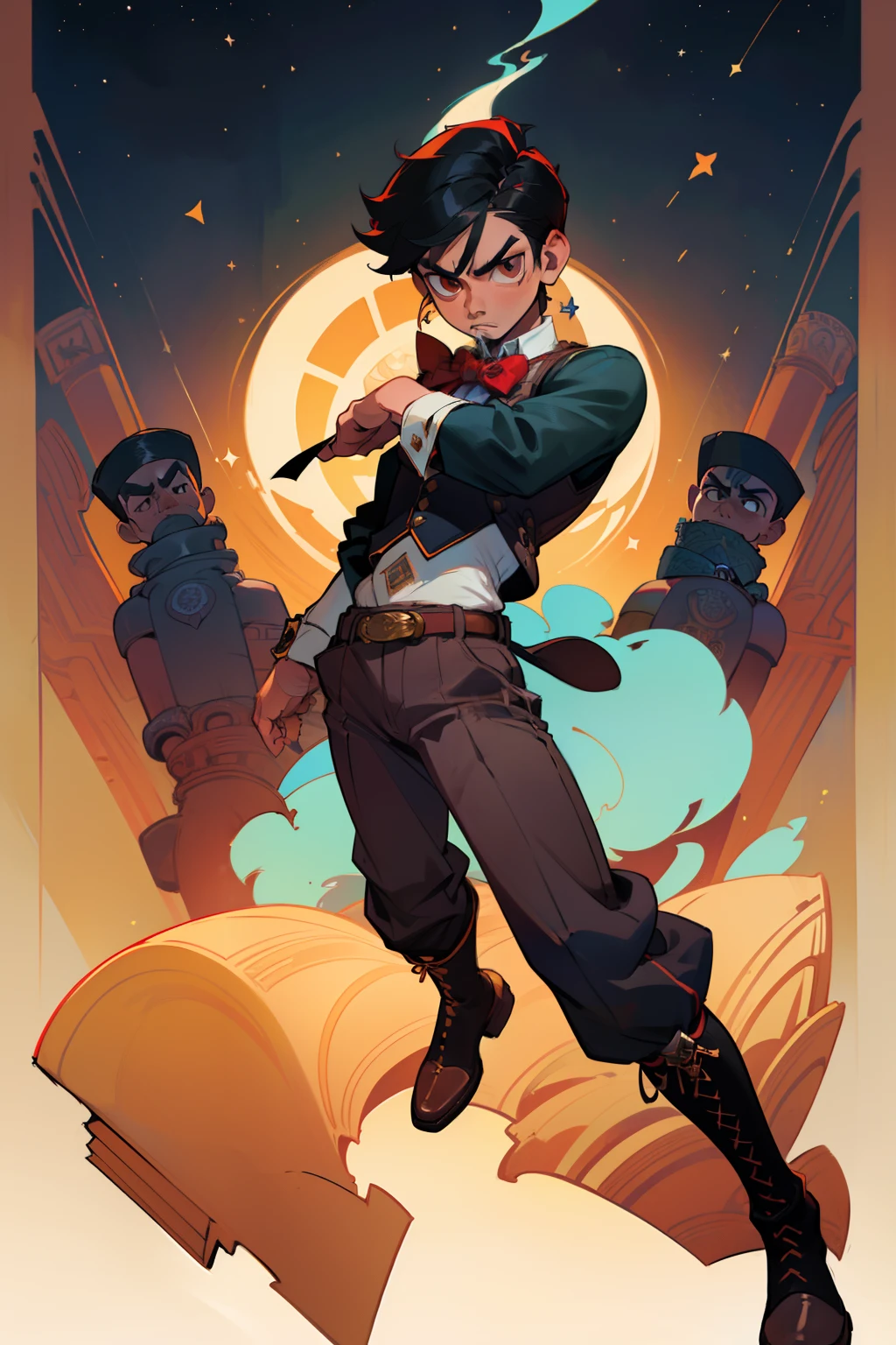 ((1 male, male, young)), Mexican, black hair, brown eyes, determined gaze, intimidating gaze, full body, brown skin, full body, athletic, Includes embroidered black jacket, embroidered navy waistcoat, detailed white shirt, red bow tie, zarape, black pants fitted at the waist and legs, decorated leather boots and an ornate belt. Each piece has a specific purpose and together they create an elegant outfit that reflects Charro history and tradition. Girdle on the abdomen and hips, bronze knuckles on the hands, dynamic pose, comets and stars in the background, Mexico, Teotihuacán pyramids, highly detailed