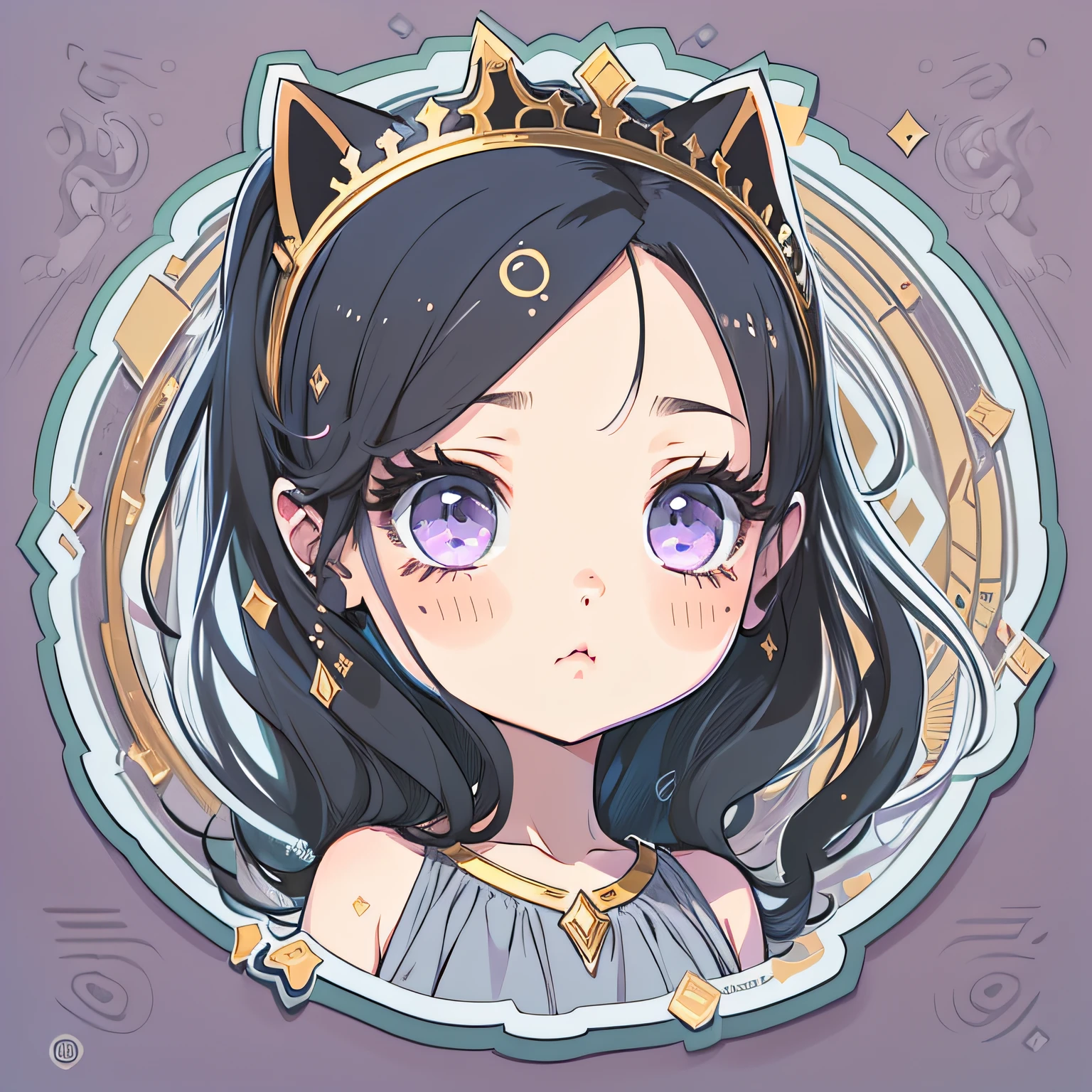 Sticker, Cute anime girl head, long layered black hair,Light purple eyes,pouty,Black dress,white princess dress,Holding a cat,in circle, blue background, Gold border,Simple, Ultra detailed, Detailed drawing, vectorised, Silhouette, 8K, professional sticker design, Flat design, Vector lines, Sticker, Drawing, Drawing, Full-HD