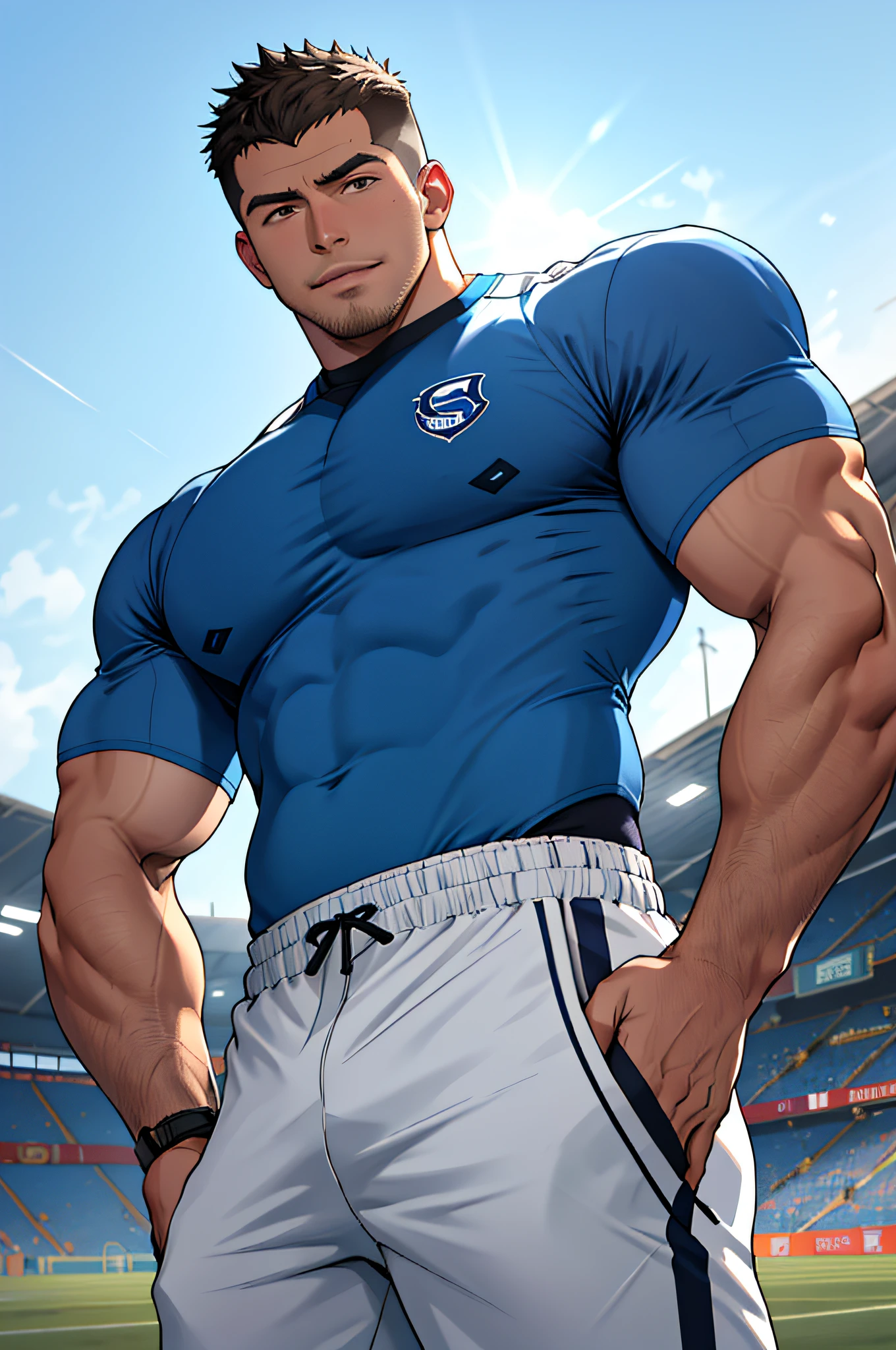 Draw a full-fledged athlete，Stand on the central field of the gym，He wears high-end sportswear，The man looks confident and determined，rays of sunshine，cheerful big breasts，Handsome，Crew cut，full bodyesbian，shooting from below，