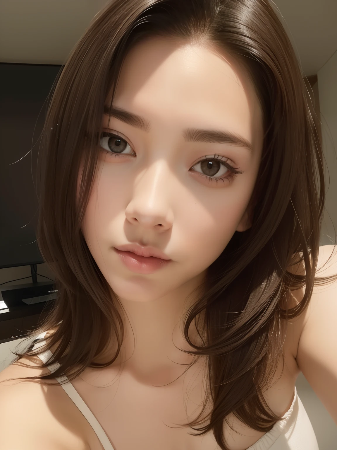 Delicate depiction,Beautiful texture,high-level image quality,8k,lifelike face,Background Black,White shirt,Skin invisible