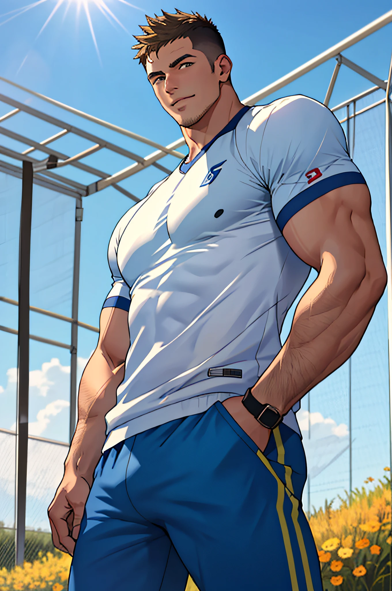 chubby gym teacher, Cool guy with big breasts with semen coming out from under his clothes,barechested