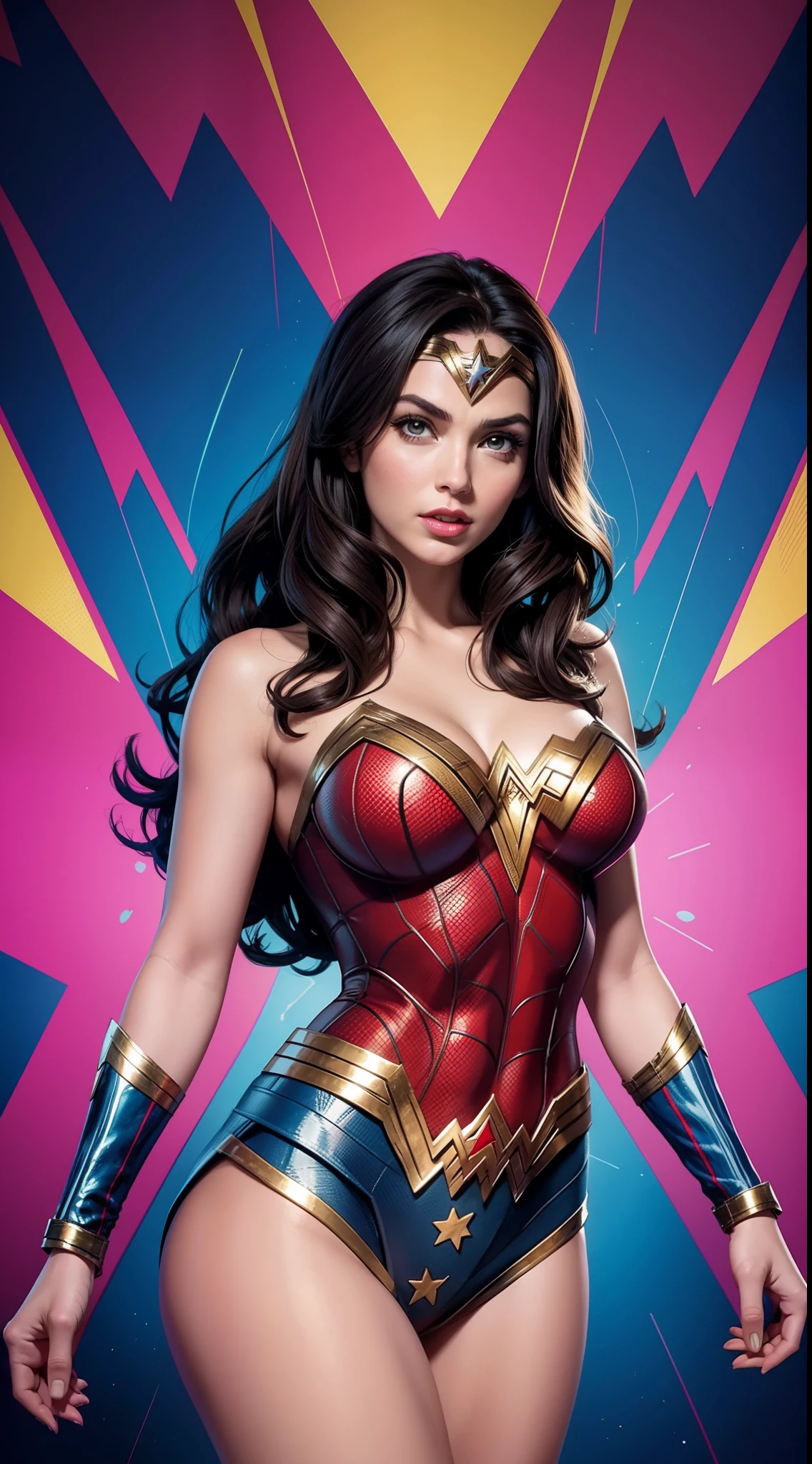 Wonder Woman (big tits) in the style of Spider-Man, masterpiece, best quality, abstract, psychedelic, neon, (honeycomb pattern), (creative:1.3), sy3, SMM, fantasy00d