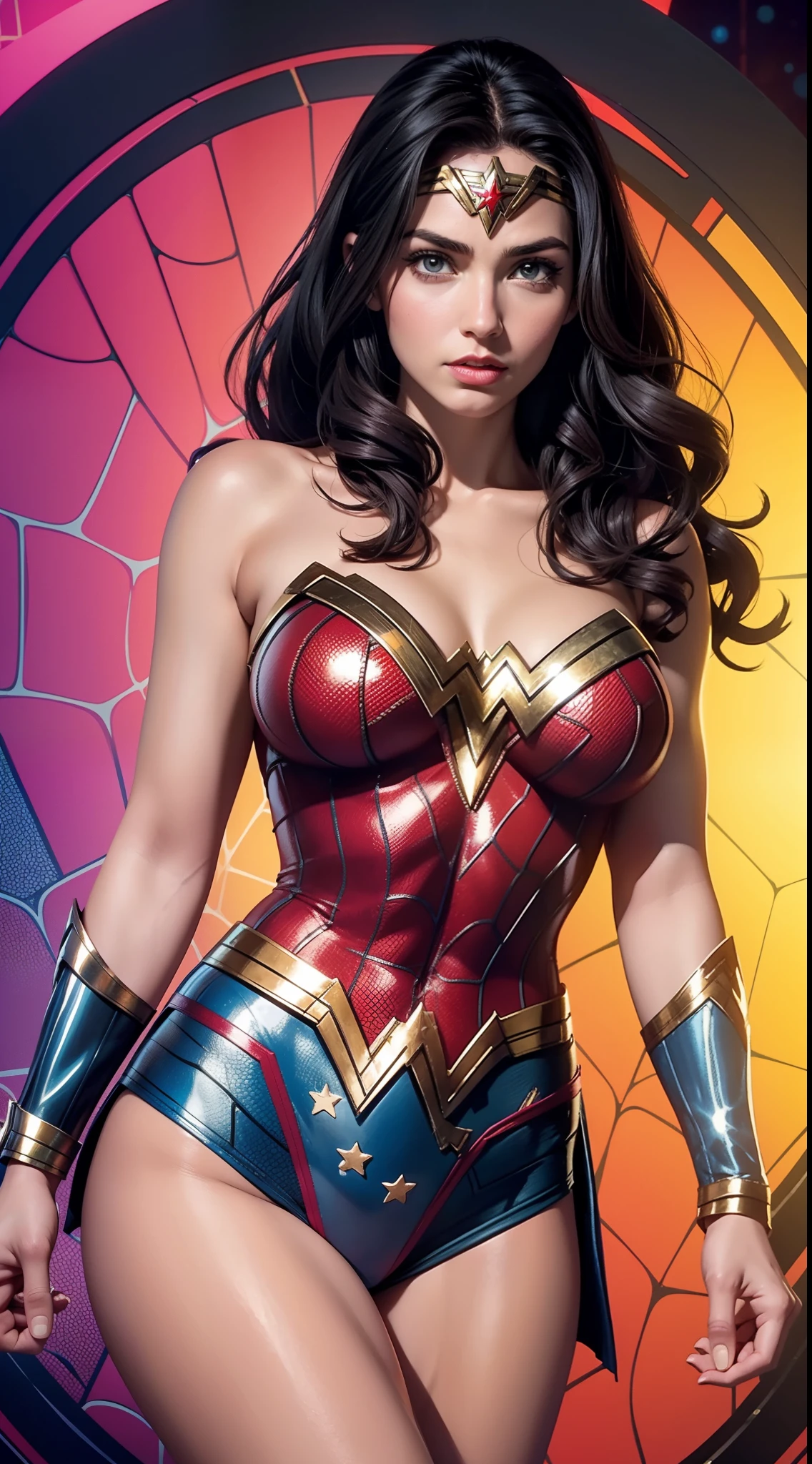 Wonder Woman (big tits) in the style of Spider-Man, masterpiece, best quality, abstract, psychedelic, neon, (honeycomb pattern), (creative:1.3), sy3, SMM, fantasy00d