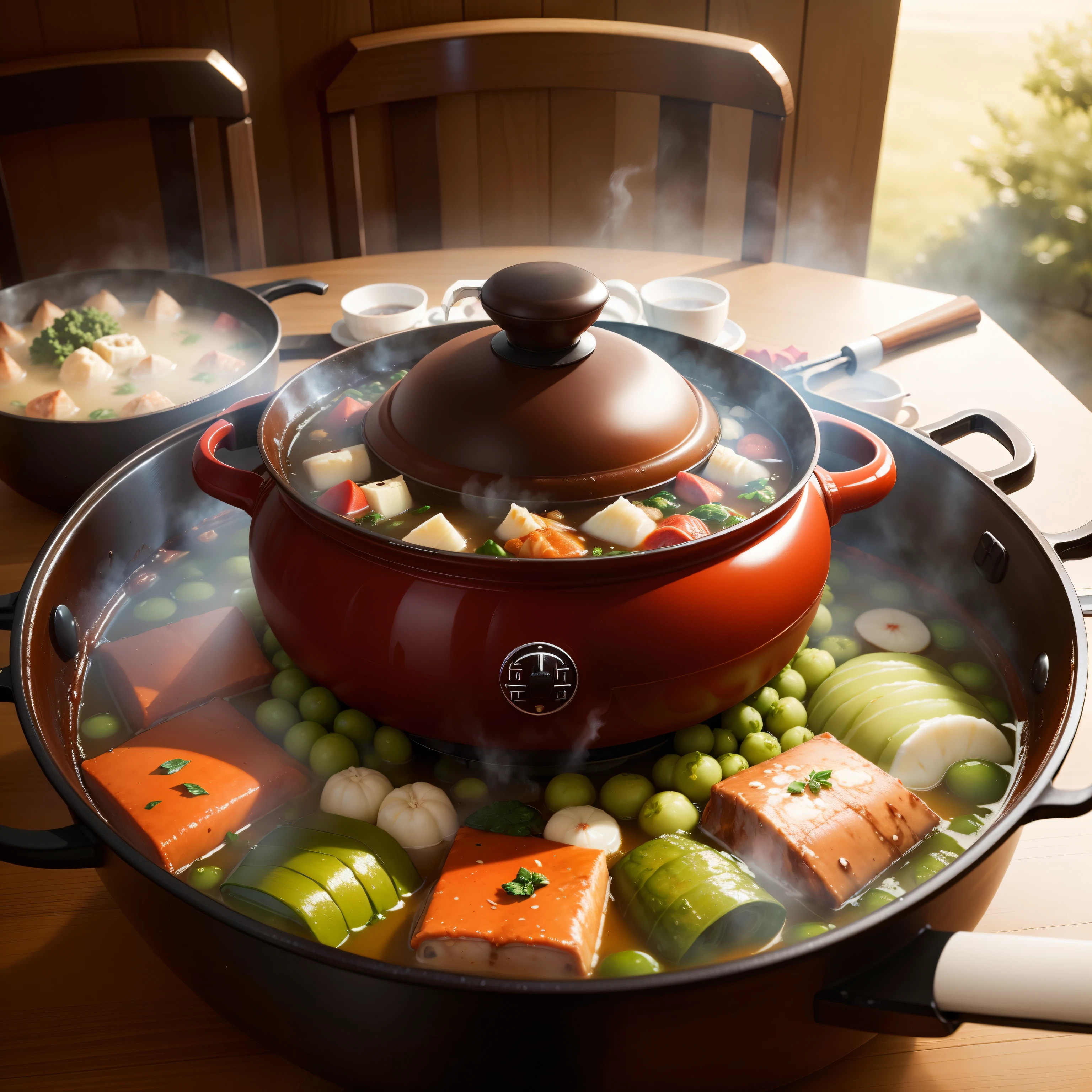 There is a beautiful hot pot on the table,It's boiling