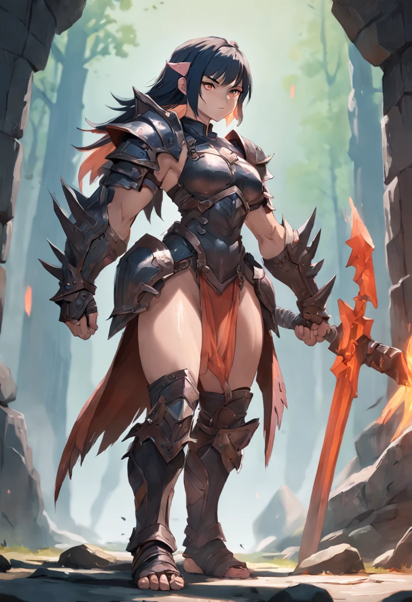 Game character standing drawing design,Orc female,Leather armor,Fur shoulders,Stout limbs,Strong muscles,The barefoot,Holding a huge barbed stick,Different layers overlay,Different angles,(Back all over the body:1.4),solid color backdrop,clean backdrop,depth of fields,high light,Real light,Ray traching,OC renderer,UE5 renderer,Hyper-realistic,best qualtiy,8K,Works of masters,super-fine,Detailed pubic hair,Correct anatomy,