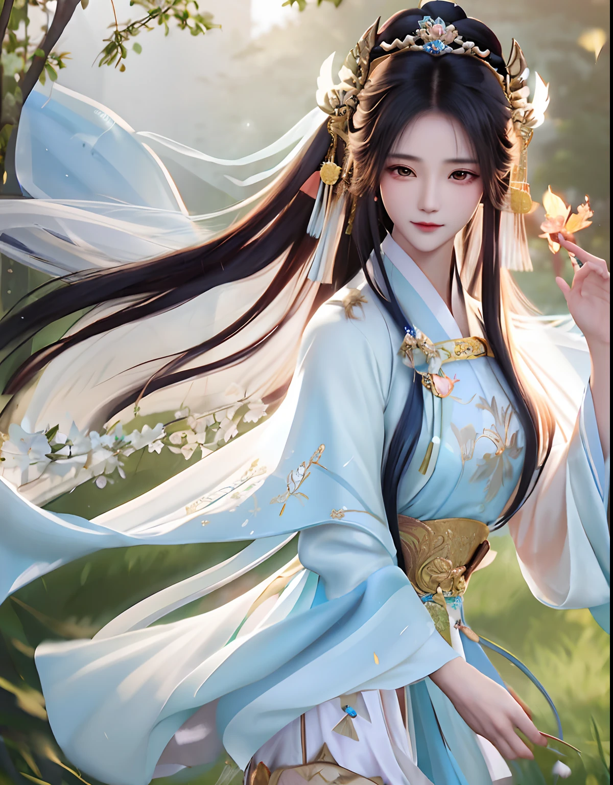 A woman in a blue dress poses in a field, Palace ， A girl in Hanfu, a beautiful fantasy empress, ((a beautiful fantasy empress)), Beautiful character painting, White Hanfu, Hanfu, Wearing ancient Chinese clothes, Anime goddess, Inspired by Lan Ying, Princesa chinesa antiga, Beautiful young wind spirit, xianxia fantasy, trending on cgstation