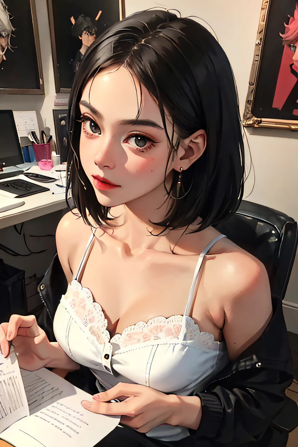 (93972721243),(masterpiece:1.2, best quality), (very detailed face, real pictures, realistic skin, realistic body, complex details), (1lady, solo, upper body) Clothes: classy, avant-garde, experimental Appearance: dark short hair, natural makeup, office attire fashion choices Behavior: sassy, non-conformist, provocative Location: urban interior place scene Hobbies: reading, creating mixed media art, geek Values: individuality, authenticity, creative expression Inspirations: 90s music, counterculture icons, avant-garde art movements Personality traits: reserve, daring, cute.