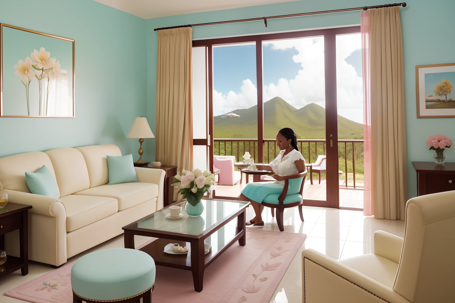 Date: 2017
Country: Antigua and Barbuda
Description: In an elegantly furnished Barbudan living room, an adult hostess serves tea to guests in pastel-hued cups. The soft daylight enhances the refinement of the scene, capturing the essence of hospitality and relaxation.