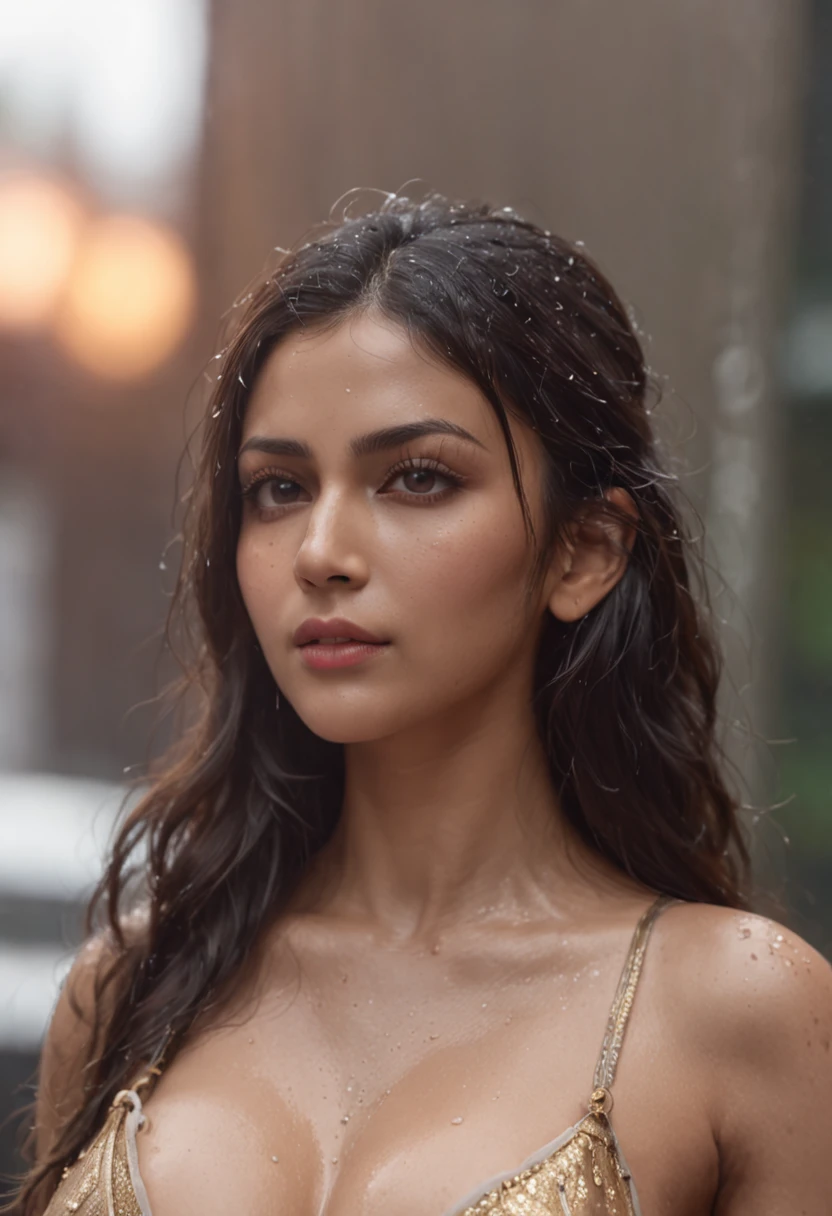 (Best quality, 4k, Masterpiece :1.3), pretty Indian woman, hyper realistic, 1girl, (massive breasts, attractive body :1.2), abs :1.1, dark brown hair: 1.1, (rainy wet, wet from rain, wet body :1.2), ultra-detailed face, detailed lips, detailed eyes, double eyelid, sultry low neck gown, open cleavage, hanging breasts, front pose, visible curves, bed, naked