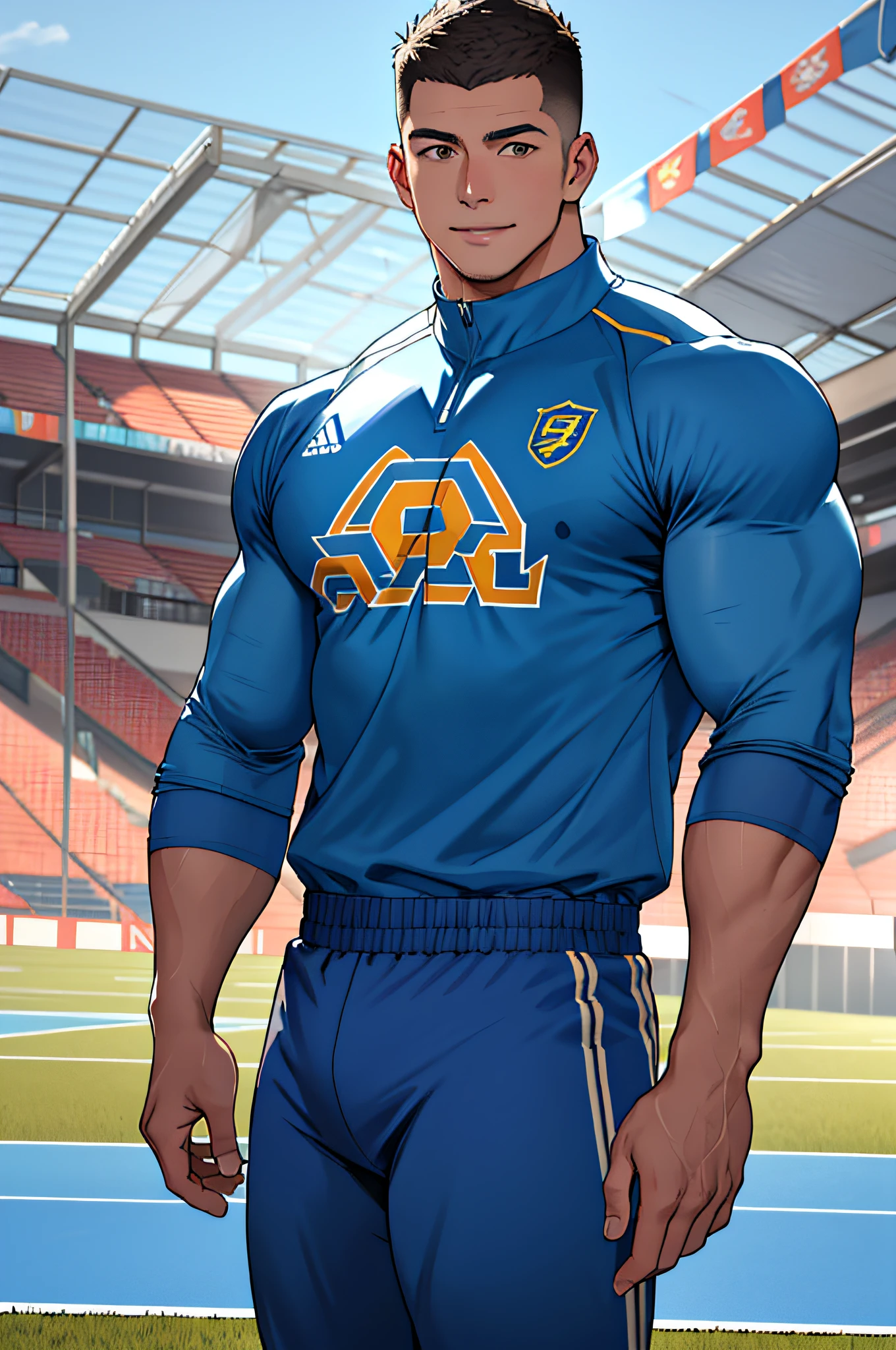 Draw a full-fledged athlete，Stand on the central field of the gym，He wears high-end sportswear，The man looks confident and determined，rays of sunshine，cheerful big breasts，Handsome，Crew cut，full bodyesbian，shooting from below，