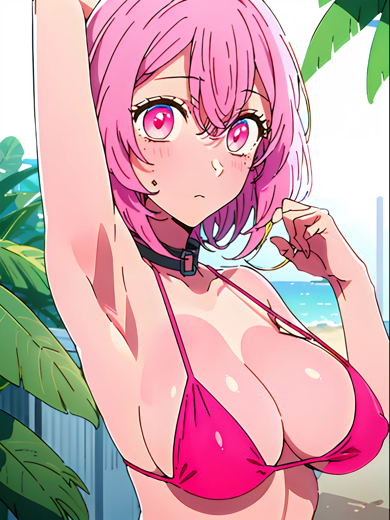 minamikotobuki\(oshinoko\), 1girl (masterpiece) (best quality)(shiny hair)(shiny skin)(shiny skin), 1 girl, solo, short hair, boob curtain, under boobs, upper body, (micro bikini), presenting armpit, bare shoulder, collar bone, mole, arm up, beach, selfie