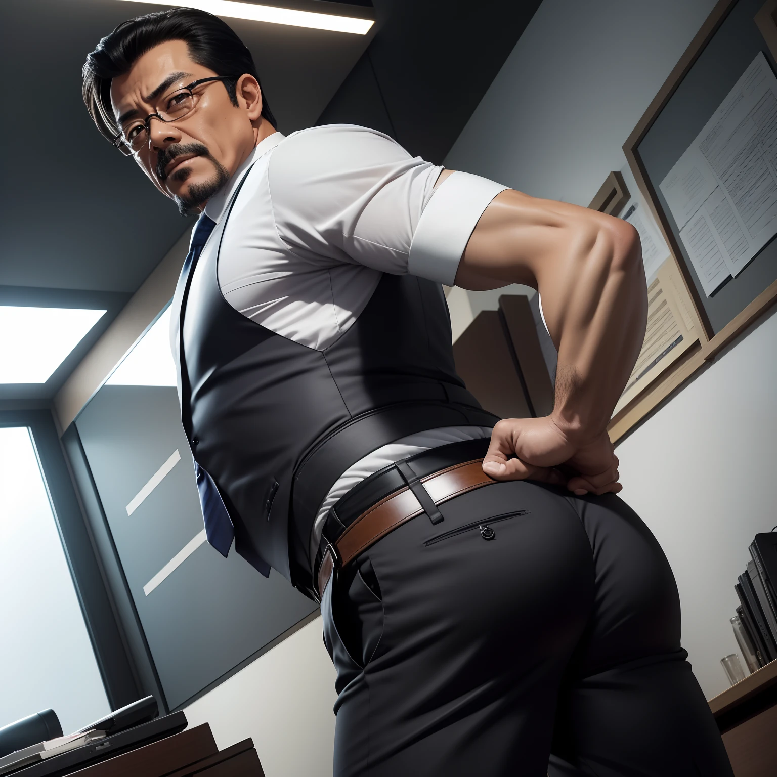 age 55，Kogoro Mouri，uncle，Tong，Bulge，Sitting in the office，Black short stockings，Slip leather shoes，lbeard，fortitude，k hd，artwork of a，Cool expression，is shy，opening legs，wear suit，The crotch is raised，God perspective