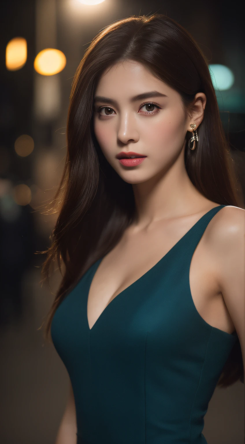 ((Realistic lighting, Best quality, 8K, Masterpiece: 1.3)), Focus: 1.2, 1girl, Perfect Body Beauty: 1.4, Slim Abs: 1.1, ((Dark Brown Hair)), (Aqua Dress: 1.4), (Outdoor, Night: 1.1), City Street, Super Fine Face, Fine Eyes, Double Eyelids,