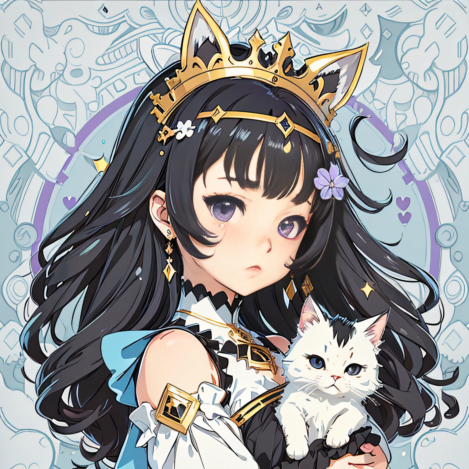 Sticker, Cute anime girl head, Long layered black hair,Light purple eyes，pouty，Black dress，White princess dress，Holding a cat，in circle, Blue background, Gold border，Simple, Ultra detailed, Detailed drawing, vectorised, Silhouette, 8K, professional sticker design, Flat design, Vector lines, Sticker, Drawing, Drawing, Full-HD