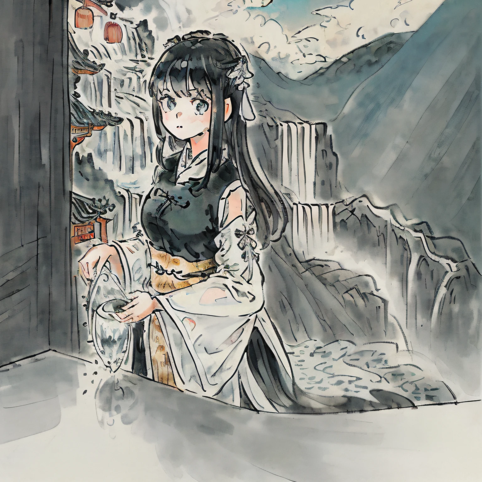 (((masterpiece))),best quality,((illustration)),((((beautiful detailed girl)))),(((extremely detailed CG 8k wallpaper))),((official art)),(1girl:2.5),((solo)),((loli)),((petite)),(((female focus on))),(macro shot:1.5),(focus on face),portrait of girl,The girl is in the center of the frame,(((Close-up of girl))),((long black hair)),(very long hair),(floating hair),((diamond and glaring eyes)),(((beautiful detailed cold face))),handsome,((a cute and anime face)),beautiful eyes,(green eyes),bangs,bare shoulders,(((a girl wears clothes black and white hanfu))),small breasts,(super clothes detailed),((white sleeves)),(((edged hanfu))),black ribbon, wide sleeves,looking_at_viewer,Perfect details,(((gold fringes))),(((armsbehind back))),silk,((sleeves past fingers)),((standing)),(((Ancient palace background))), chinese place on the mountain,(((((chinese style architecture))))) behind the girl,depth of field,beautiful sky,((beautiful cloud)),mountain,((((waterfall)))) from the mountaintop,mist,beautiful and delicate water,((beautiful detailed background)),((((wudang)))),a girl in ((zhangjiajie)),dramatic angle,Chinese classical wooden tower,(Chinese ancient multistoried buildings),colorful,Pine,1girl,handsome