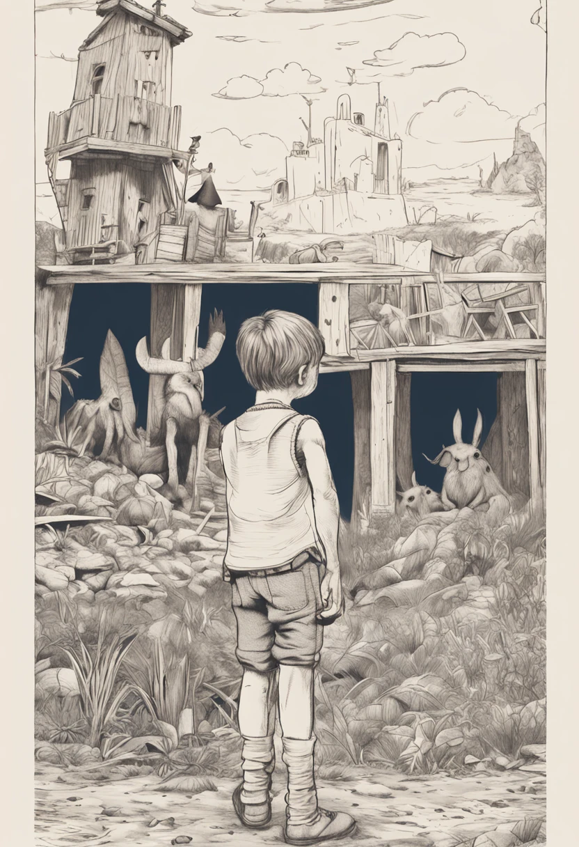 movie picture quality，style of disney animation，A young boy builds a castle out of sand on the beach，Denim suspenders，The barefoot，depth of fields，high light，Real light，Ray traching，oc rendered，Hyper-realistic，best qualtiy，8K，Works of masters，super-fine，Detailed pubic hair，Correct ???????，sharp focus on eyes，Bokeh，Facial features are carefully depicted