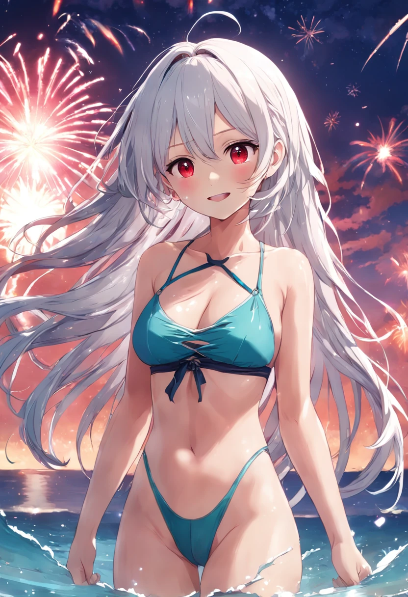 swim wears、the beach、Fireworks Festival、Enjoy the summer atmosphere、Bright colors、innocent smiles、Cool breeze、night sky full of stars、white  hair、The long-haired、large full breasts、Red eyes、Bandage on the head、Braids