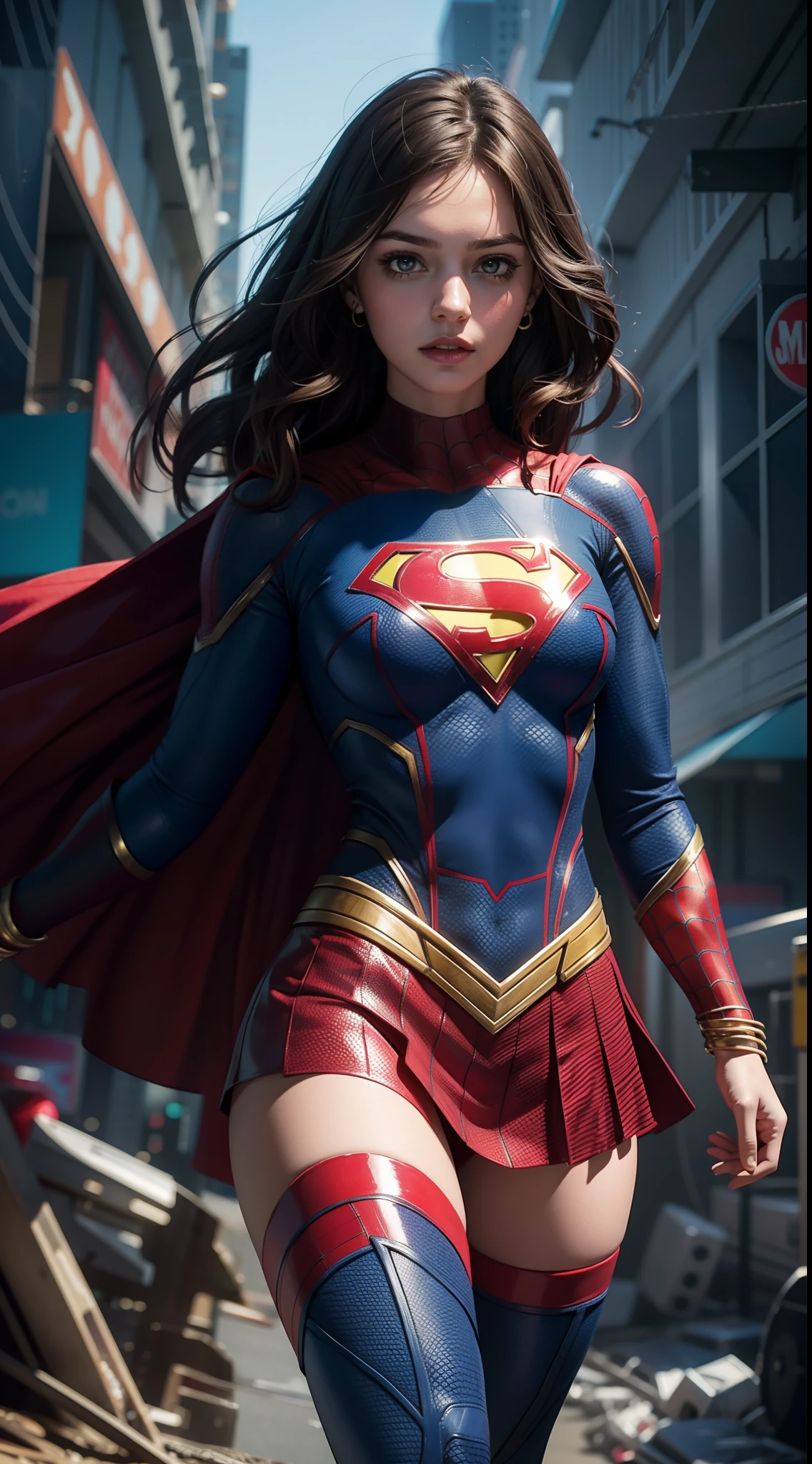 Supergirl in Spider-Man, masterpiece, best quality, abstract, psychedelic, neon, (honeycomb pattern), (creative:1.3), sy3, SMM, fantasy00d