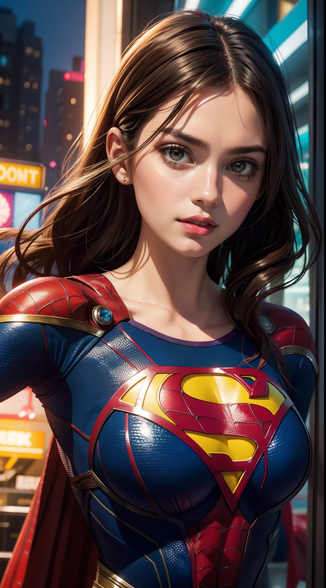 Supergirl in Spider-Man, masterpiece, best quality, abstract, psychedelic, neon, (honeycomb pattern), (creative:1.3), sy3, SMM, fantasy00d