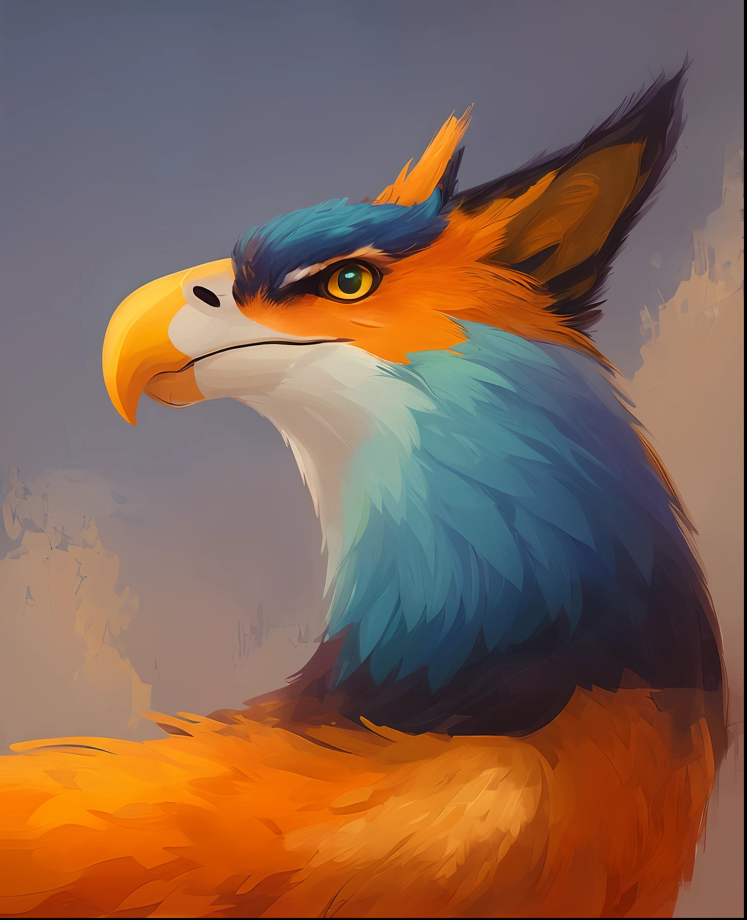 There is a painting，This is a bird with blue and yellow feathers， Black beak，anthro portrait, furry character portrait, avian!!! fursona, lovely digital painting, portrait of an anthro fox, Gryphon, creature bust, fursona art, anthro art, Sly smile, cocky smirk, Detailed digital painting, fluffy orange skin, portrait of a small，blue backdrop