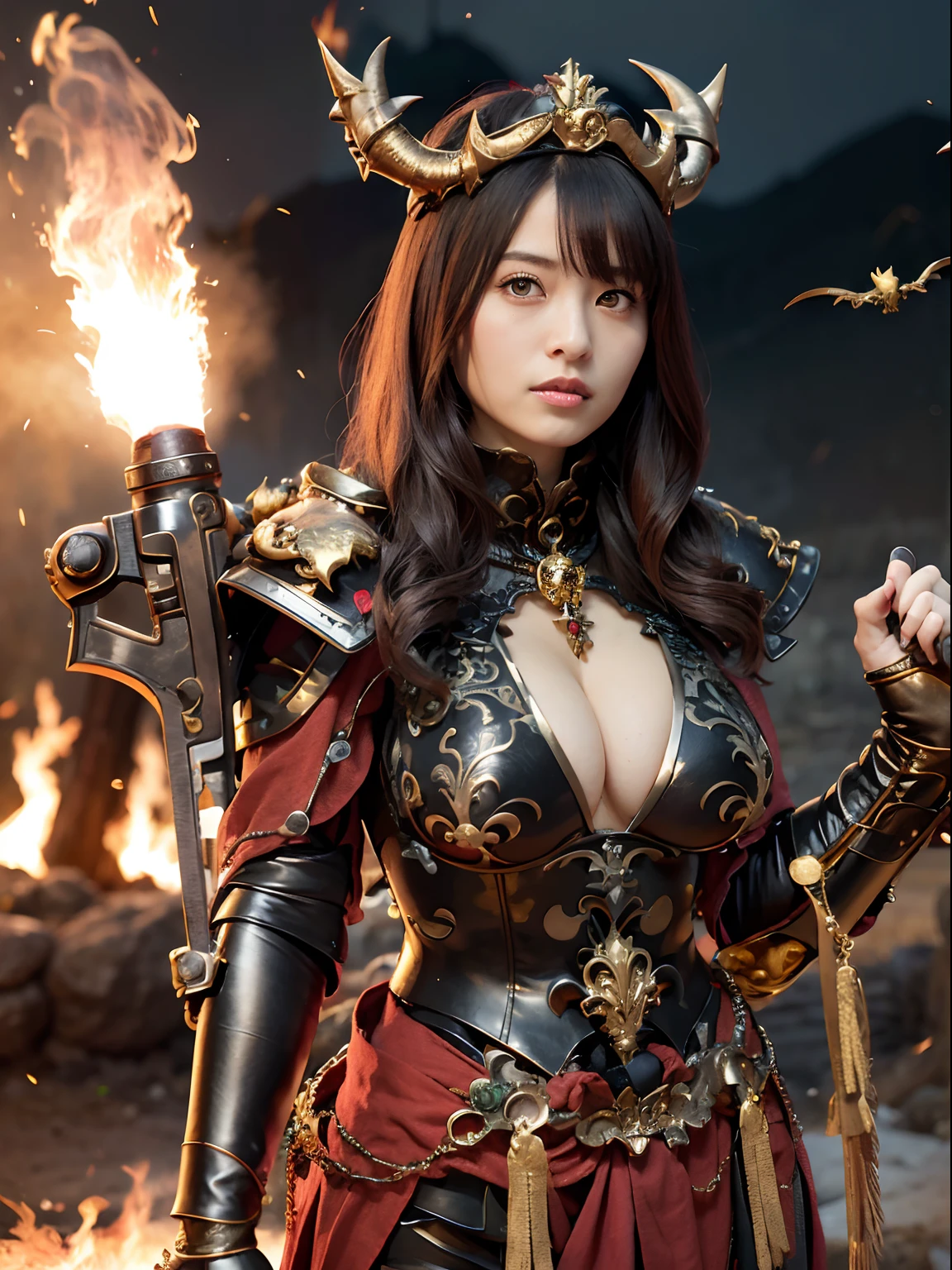 (masutepiece), Professional , ​masterpiece、top-quality、photos realistic , depth of fields （Gemstone Black Metal Body:1.９),(Matte Black、（cleavage of the breast）、Dragon Gold Weapon（Dragon Metal Body:1.４),Gorgeous Silver Weapons ,（（ Dragon's dense and gorgeous sword）） , Beautiful knife   ,warhammer 40k , adepta sororitas,Detail and gorgeous crown、（（Red hair））、（Castle background）、、（（Gangle's forest background））、Beautiful Caucasian beauty、１a person、dynamic ungle,(((Detailed and ornate Black Devil Crown)))、Smaller head、A smile、Castle background、Thin and beautiful female hands、cleavage of the breast、Soldier in iron armor on background、Mystical expression、Light Effects、intense fighting、Wind-effect、magic circles、With the legendary magic wand、（demonic wings）、