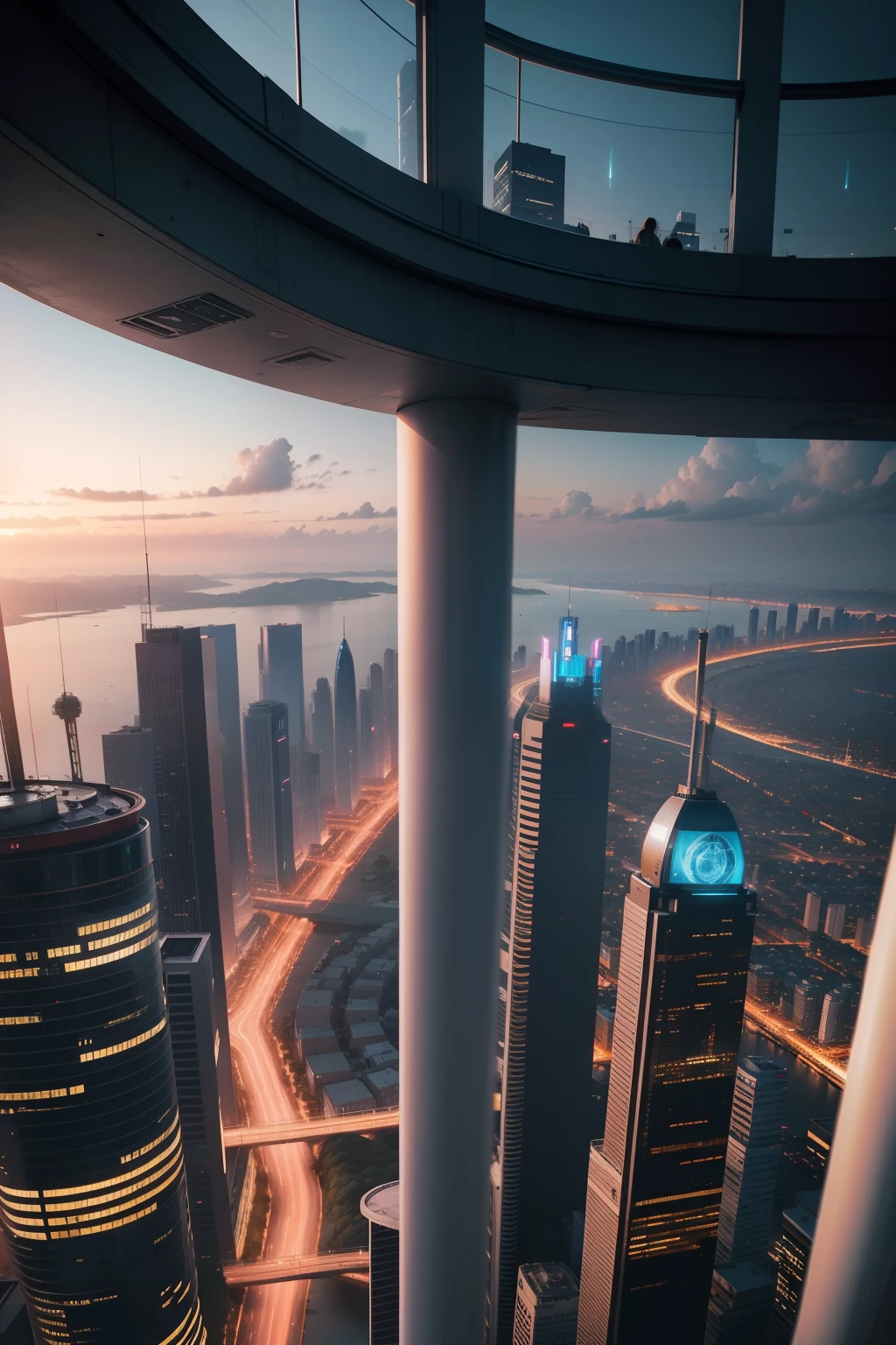 Look down from the sci-fi watchtower，Blur the city background，Pure view，Scene scenery