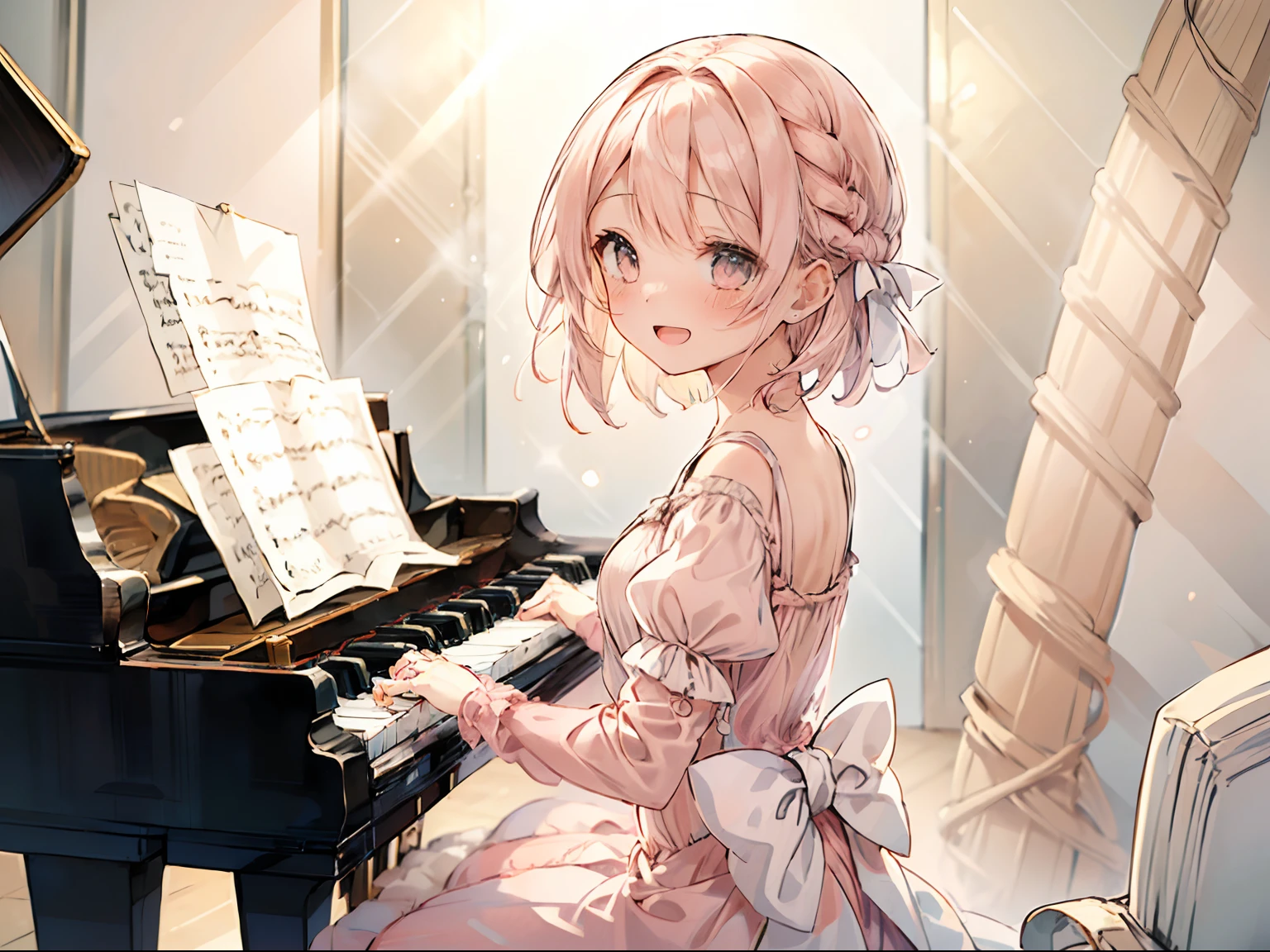 (short-cut:1.6), Sleek ginger hair, Best Quality, masutepiece, absurderes, hight resolution, (pastel color:1.5), (Soft colors:1.2), Fractal Art, BREAK (1girl:2), (Light pink:1.5), (happy smail:1.2), (Ruffled chiffon dresses:1.4), peaceful, best hand, BREAK white snake, (playing piano:1.4), sitting, white chair, white grand piano, (singing a song:1.4)