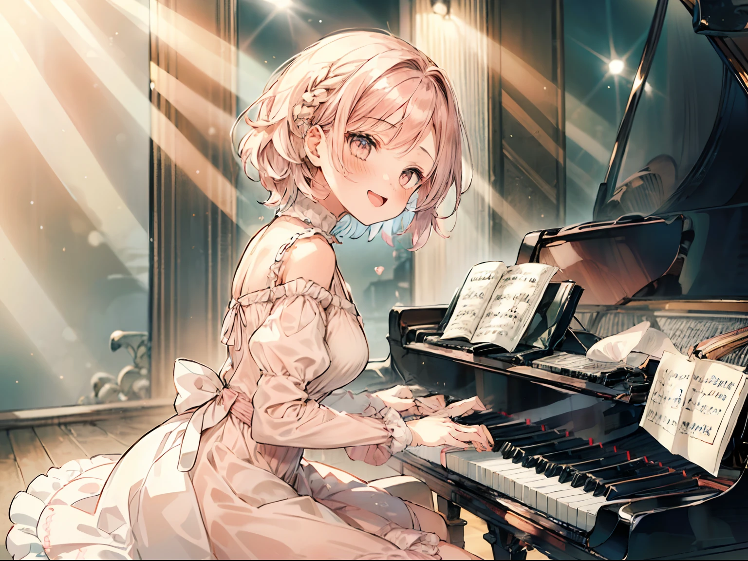 (short-cut:1.6), Sleek ginger hair, Best Quality, masutepiece, absurderes, hight resolution, (pastel color:1.5), (Soft colors:1.2), Fractal Art, BREAK (1girl:2), (Light pink:1.5), (happy smail:1.2), (Ruffled chiffon dresses:1.4), peaceful, best hand, BREAK white snake, (playing piano:1.4), sitting, white chair, white grand piano, (singing a song:1.4)