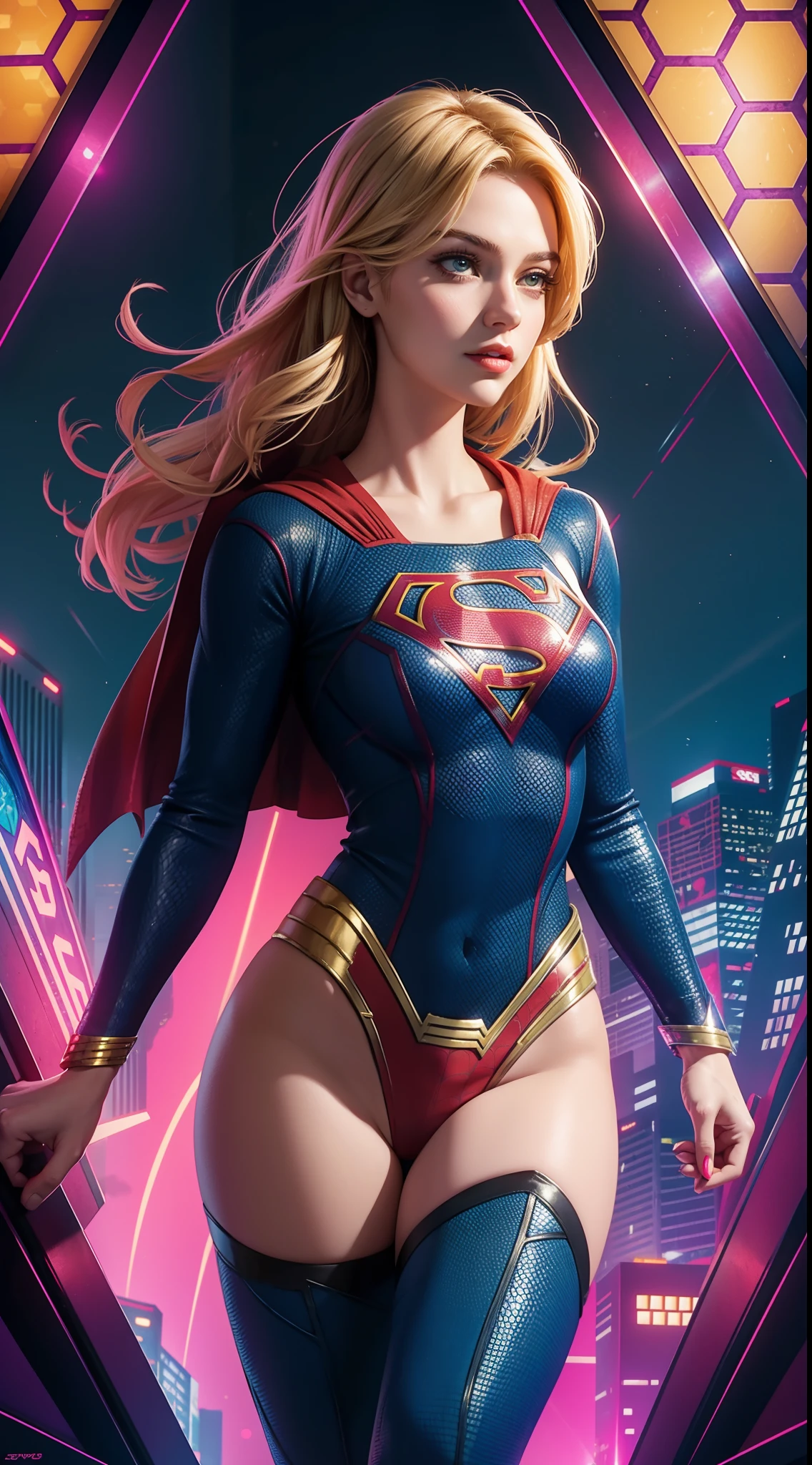 Supergirl in the style of Spider-Man, masterpiece, best quality, abstract, psychedelic, neon, (honeycomb pattern), (creative:1.3), sy3, SMM, fantasy00d