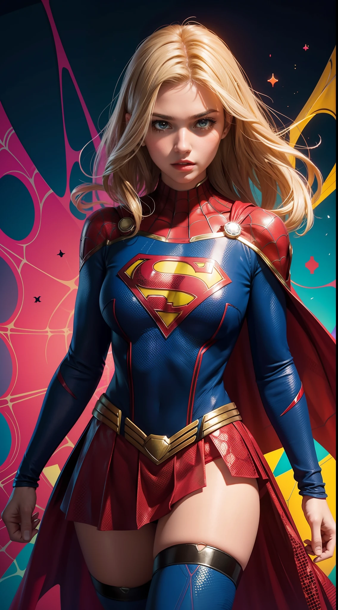 Supergirl in the style of Spider-Man, masterpiece, best quality, abstract, psychedelic, neon, (honeycomb pattern), (creative:1.3), sy3, SMM, fantasy00d