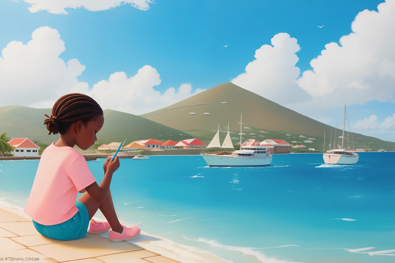 Date: 2010
Country: Antigua and Barbuda
Description: a tween artist captures the essence of the harbor in a pastel sketchbook.