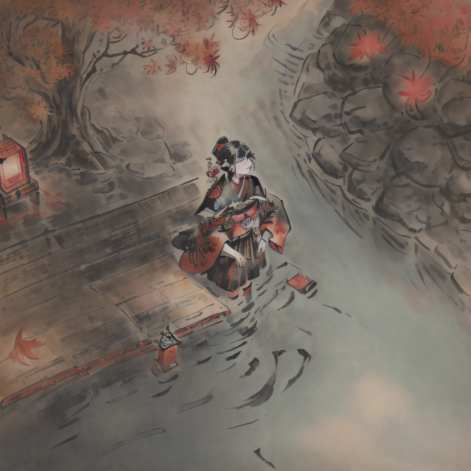 (super delicate), (illustration), (extremely delicate and beautiful),faux traditional media,perfect body,cowboy shot,(perspective),Kyoto Style,(sketch),(close-up),(a beautiful detailed girl in Washitsu:1.47),Washitsu,(solo:1.4),(HDbackground,Japanese courtyard:1.25),(Creek:0.55),wooden bridge,(cinematic lighting,beautiful detailed glow:1.0),(beautiful detailed pink eyes),ponytail,shiny platinum blonde hair,messy floating hair,((black capelet)),red kimono,hair flower,hair ornament,hair over shoulder,japanese clothes,lace-trimmed kimono,pom pom hair ornament,tassel,wavy hair,glint,blue sky,(autumn:1.1),outdoors,(glowing particles:0.85),Maples in the distance,an epic scene,(Stone lantern,Bonsai:1.0),(White sand:0.85),(Rockery:0.8),(Japanese architecture:1.1),(contour deepening:1.1),(fluttered fallen leaves),(dappled sunlight on her:1.25),(Tyndall effect:1.1),(Cloud Retained background:1.1),(depth of field),highlight