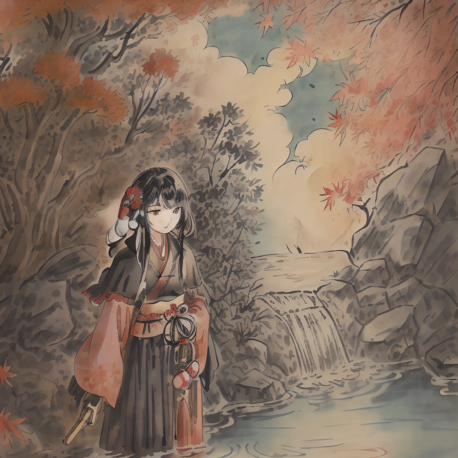 (super delicate), (illustration), (extremely delicate and beautiful),faux traditional media,perfect body,cowboy shot,(perspective),Kyoto Style,(sketch),(close-up),(a beautiful detailed girl in Washitsu:1.47),Washitsu,(solo:1.4),(HDbackground,Japanese courtyard:1.25),(Creek:0.55),wooden bridge,(cinematic lighting,beautiful detailed glow:1.0),(beautiful detailed pink eyes),ponytail,shiny platinum blonde hair,messy floating hair,((black capelet)),red kimono,hair flower,hair ornament,hair over shoulder,japanese clothes,lace-trimmed kimono,pom pom hair ornament,tassel,wavy hair,glint,blue sky,(autumn:1.1),outdoors,(glowing particles:0.85),Maples in the distance,an epic scene,(Stone lantern,Bonsai:1.0),(White sand:0.85),(Rockery:0.8),(Japanese architecture:1.1),(contour deepening:1.1),(fluttered fallen leaves),(dappled sunlight on her:1.25),(Tyndall effect:1.1),(Cloud Retained background:1.1),(depth of field),highlight