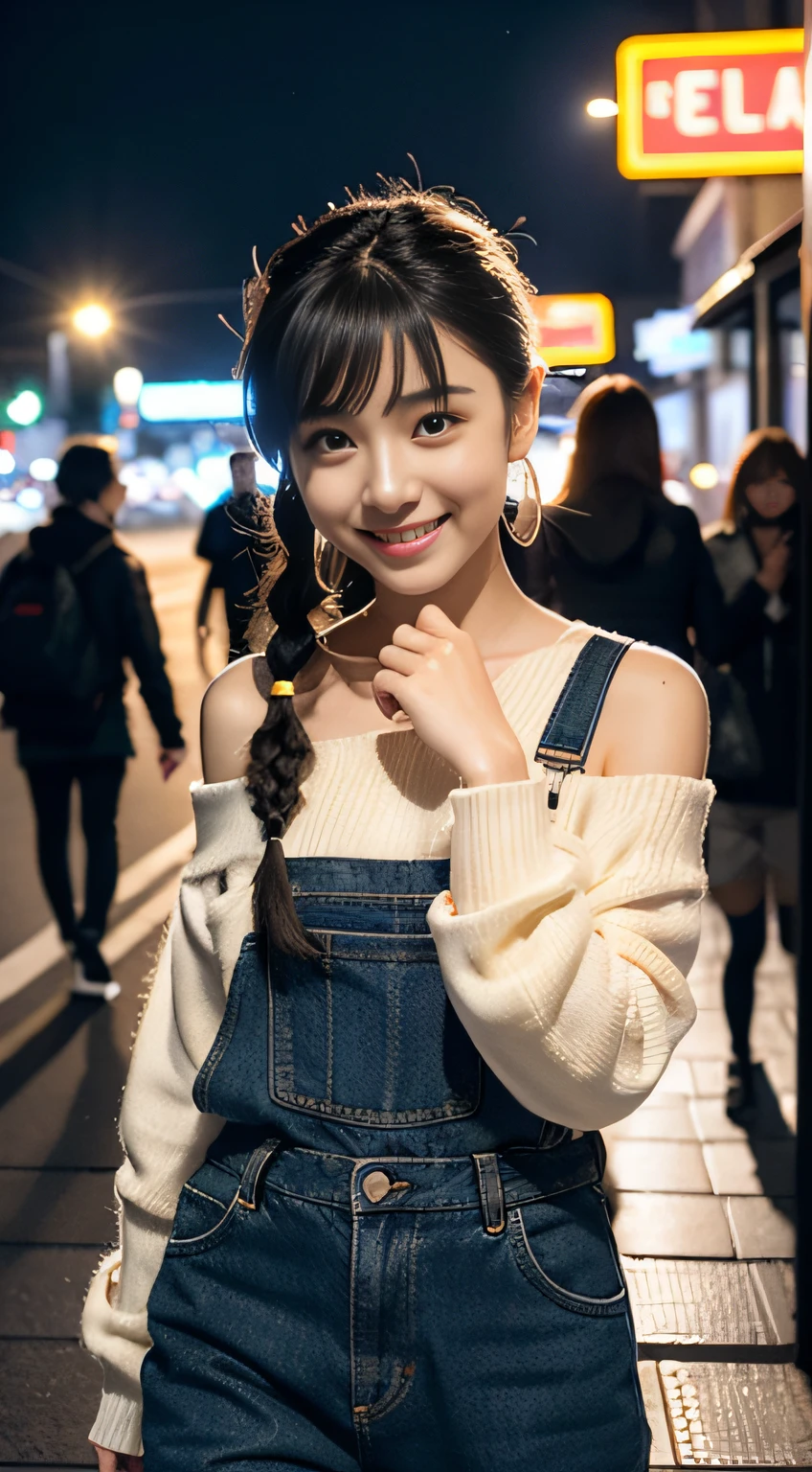 (8K分辨率,Photo above the thigh,Sideways close-up photo),(1womanl,20yr old,((Facial features of Thai Vill:1.8,s delicate face,详细的脸),(Long ponytail hair or double braids),Slender scattered bangs,adorable smile,A small tiger tooth is exposed),Fair smooth skin,(Best Skin Type:1.21),captivating curves,((Manteau:Off-the-shoulder crewneck jumpsuit,Extreme simplicity),(Inner wear:Black suspender underwear)),Elongated earrings,With a petite figure,(Cute movements are made in the middle of the city,Naturally placed hands),delicate artwork,perfect hand,Ultra-fine clothing material),(The city's noisy pedestrian street,Night background,Deep view,Exquisite environmental details),(Professional lighting,动态照明),((white colors))),(Golden section,Cinema lenses,Hasselblad photograp,tmasterpiece:1.3),(Modern art,fashion art,trendsetting,Artis,Art platform)