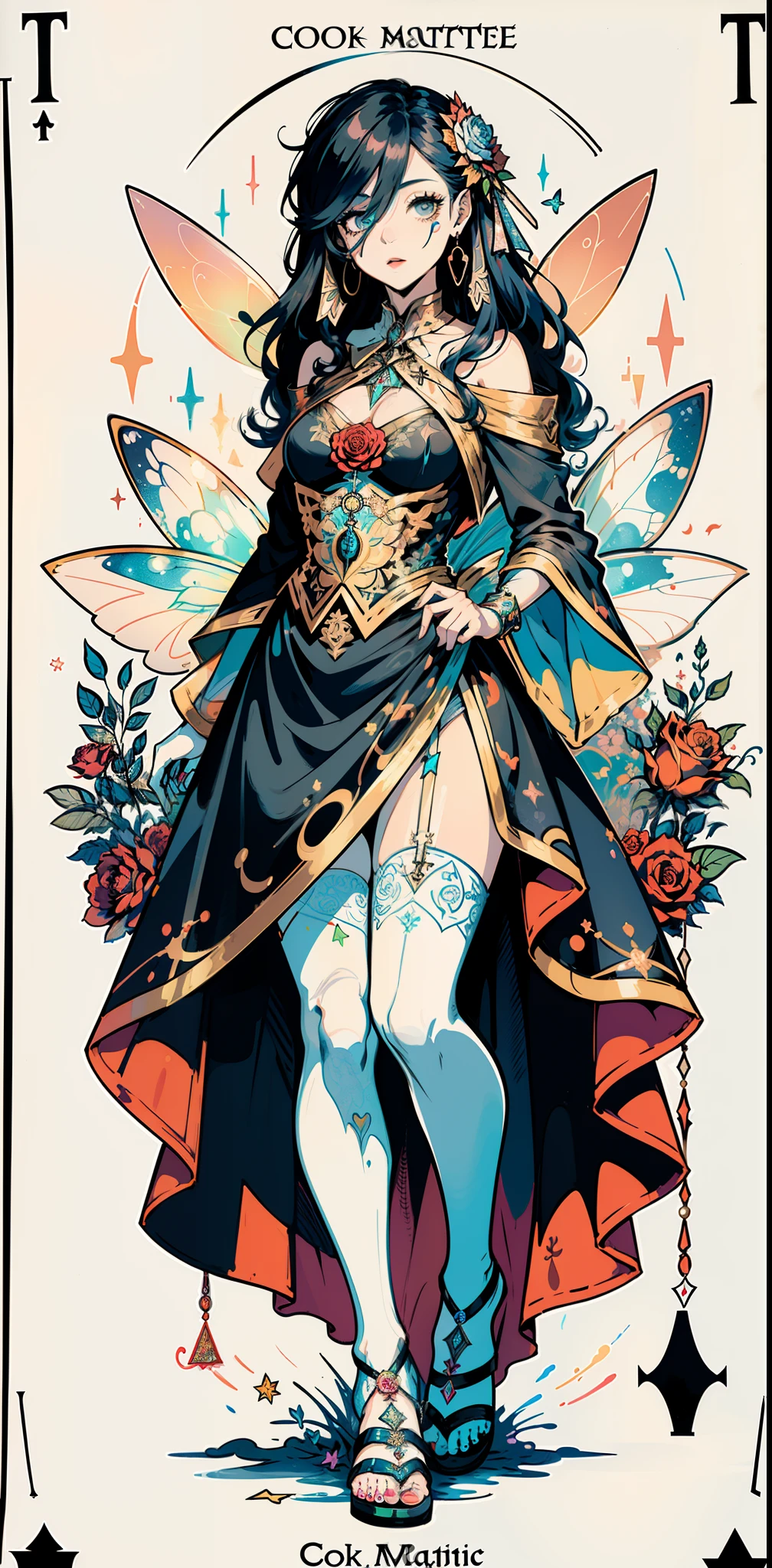 (Golden Ratio:1.2),(rose graffiti:1.2),(fault color:1.3),[(white background:1.4)::10], (full body:1.2),(ultra-detailed:1.3),(tarot:1.6),(the magician (tarot):1.6),

Beautiful woman, (mature face:1.4), extremely detailed face and eyes, (paper:1.2),(fairy:1.6),(fairy wings:1.2),full body, standing in the air,(cool:1.2),(red long hair),(butterfly hair ornaments),(flower hair ornaments:1.0),((sandal,Locket)),(colorful cocktail long dress:1.0)+(Loose sleeves coat :1.3)+(floting colorful tassel and ribbon :1.2),(White stockings:1.2), absurdes, 4k,

(colorful ink paper flower grow on the face:1.2),(colorful flower sea:1.3),

(chaotic geometric images:1.3),(nagative space:0.8),(drawing board:1.3),

(ether colorful ink flowing:1.3)