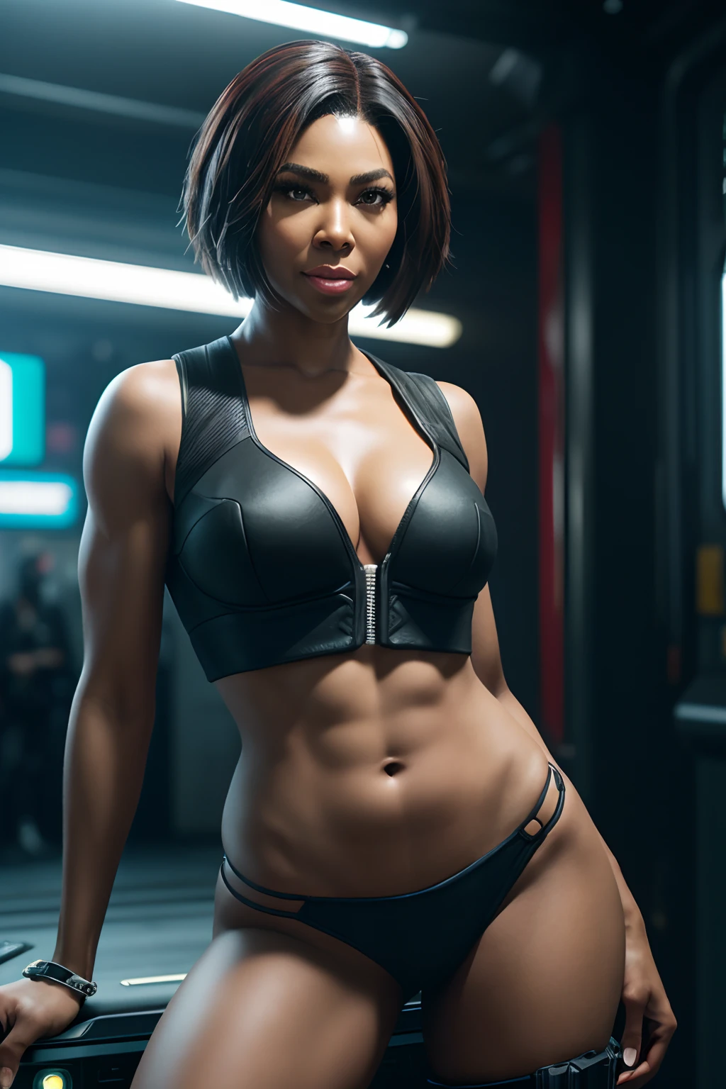 8k, ARTISTIC photography, best quality, masterpiece: 1.2), RAW photo, a (potrait:1.2) of a woman , Cyberpunk Character, wearing Law Enforcement Tactical Armor Vest (bullet proof vest) (((KENYA MOORE))) (highly detailed skin:1.2), 8k uhd, dslr, soft lighting, high quality, film grain, Fujifilm XT3, staring at the camera in front, purple, bob cut ((dynamic pose))) over-detailed face, ebony body, voluptuous body, Huge soft breasts and beautiful abs , 8k uhd, SLR camera, soft lighting, high quality, film grain, Arri Alexa mini , Cinematic lighting, octane render, cinematic lighting, complex, 8k resolution concept art portrait, edgerunner, blade runner, Cyberpunk 2077, hyperrealistic, photo awesome, realistic, (((pure 8K))), (((perfect anatomy))), extremely high-quality graphics, Riddley Scott, Blade Runner, Denis Villeneuve, (((cinematic lighting))), ((clear details)), complex, highly detailed background, posing on aircraft carrier, midday sunlight.