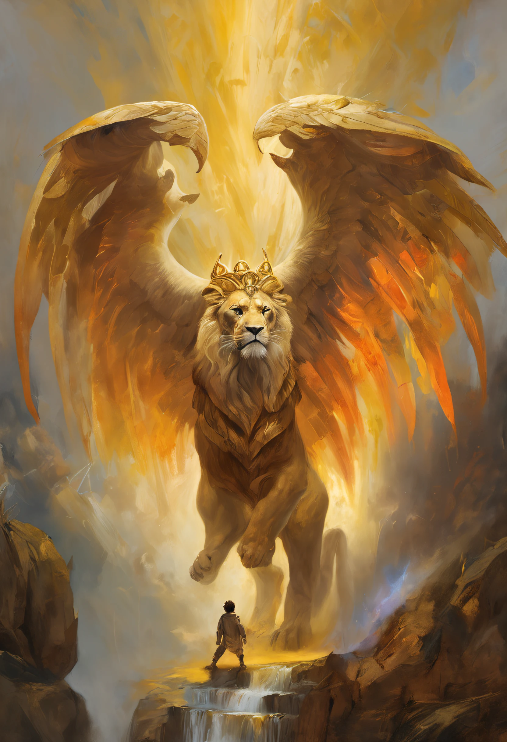(absurdres, highres, ultra detailed, HDR), masterpiece, best quality, a little boy sitting on golden lion back, in arrogant look, solo, little boy, golden lion, giant lion, handsome, golden eye, glowing eye, white robe, angel wing, archangel, earring and accessory, bare chest, arrogant face, full body, magic vortex, spark, swirl, black aura, a dramatic sky, heaven, abstract background, from side, look up, evil smile