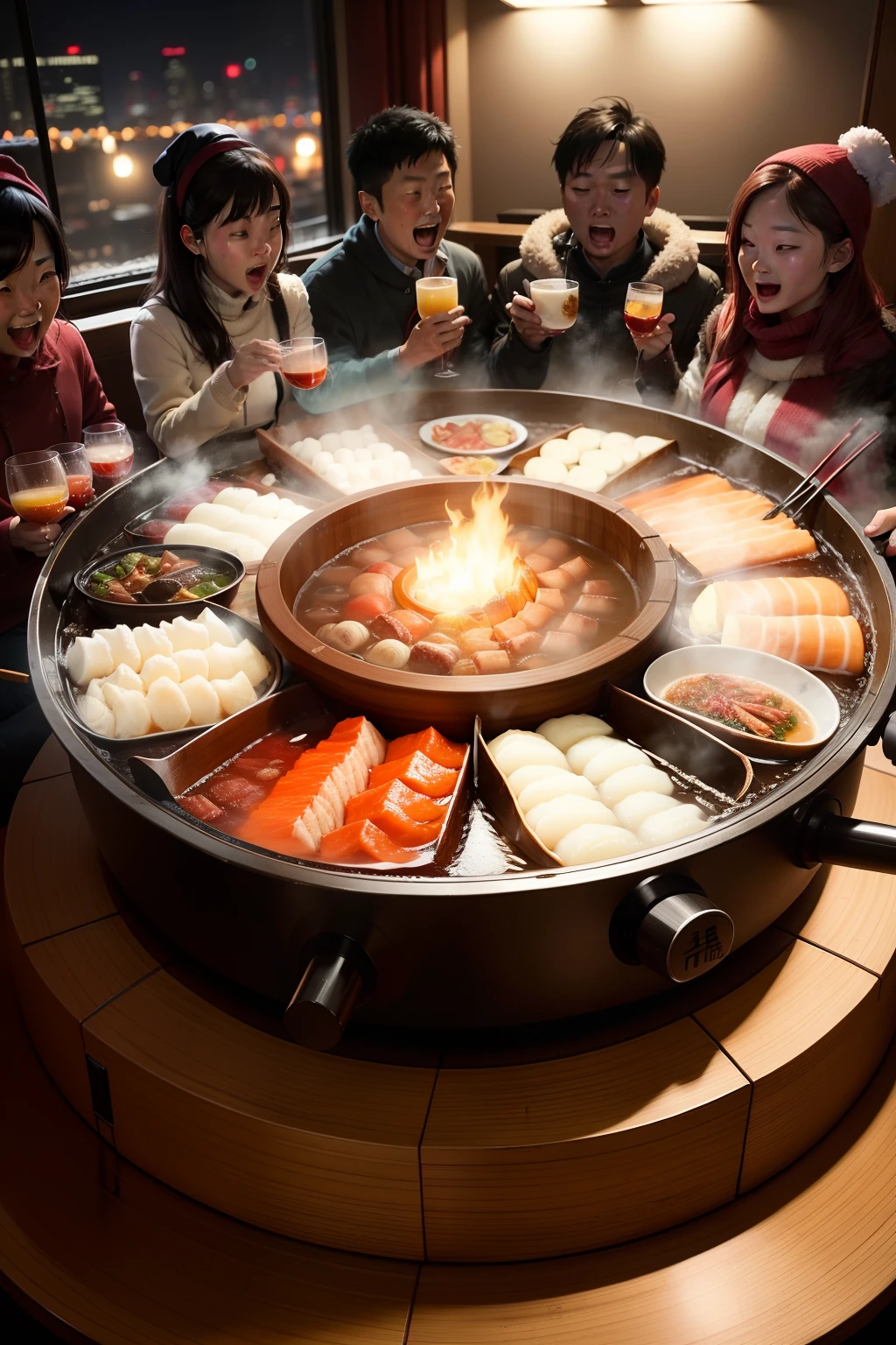 Four or five people，On winter nights，Party together, drink and eat hot pot