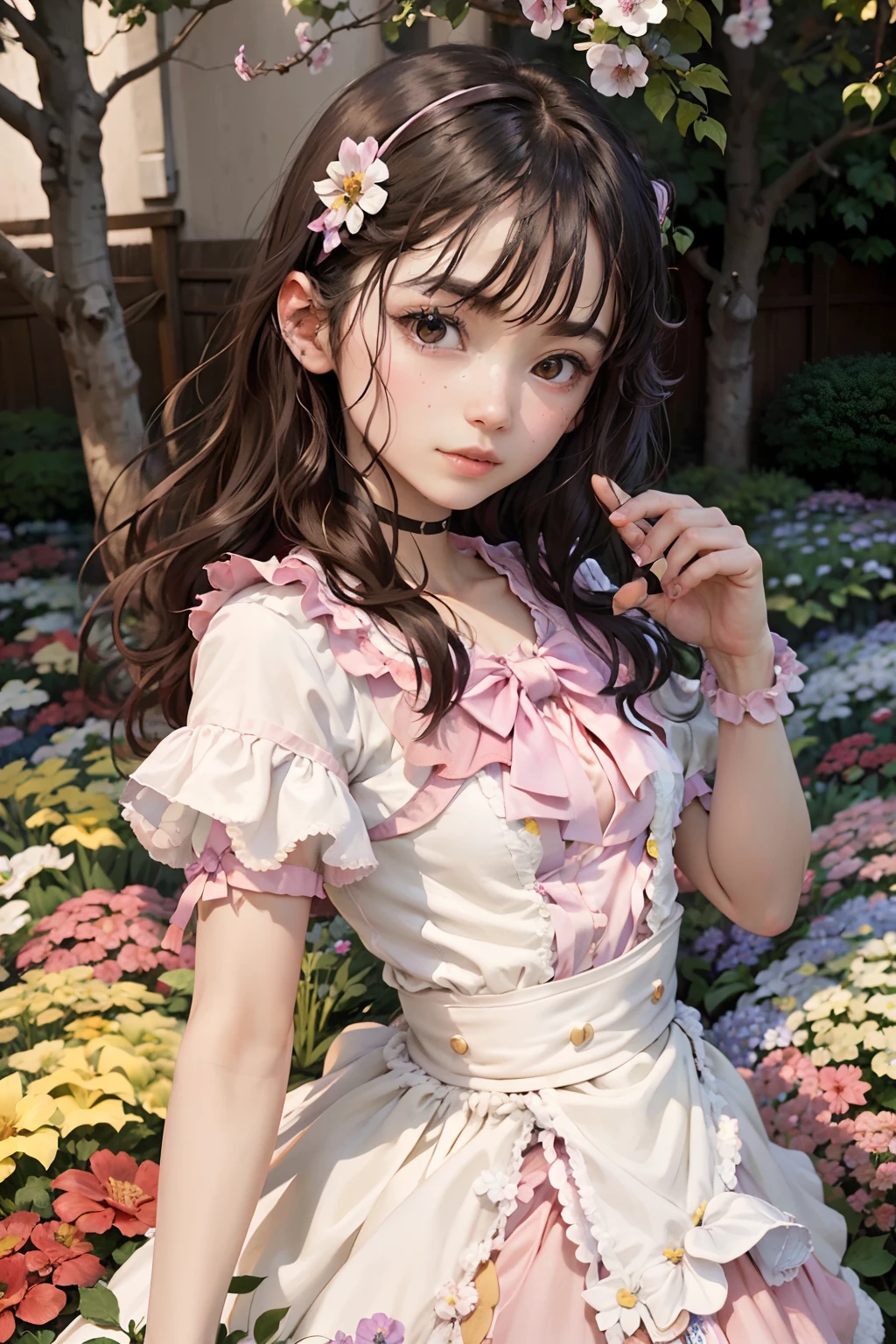 masterpiece, best quality, 1girl, nogizaka46, cowboy shot, flowers, many small petals, garden, blue sky, looking at viewer, small waist, ultra detailed, sharp focus, ultra realistic, cinematic lighting, dynamic lighting, facelight, incredibly absurdres, raw photo, official art,