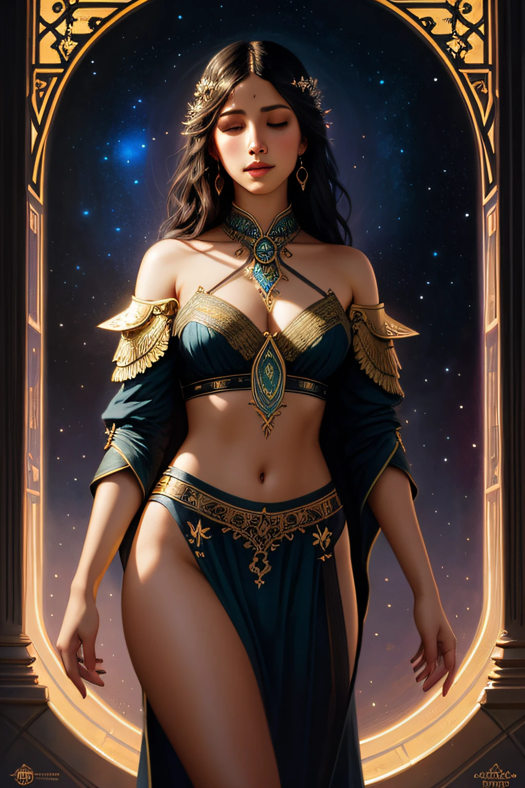 a beautiful latin woman, full body, looking at viewer, symmetric, eyes closed, slight smile, spirtual awakening, intricate details,
cosmic, ethereal, mystical, complicated environment, brush stokes, illuminating lights,
Greg Rutkowski, RHADS, Beeple, Makoto Shinkai, Lois van Baarle, Ilya Kuvshinov, Rossdraws, Tom Bagshaw, Alfonse Mucha,
masterpiece, ultra high res, high quality,