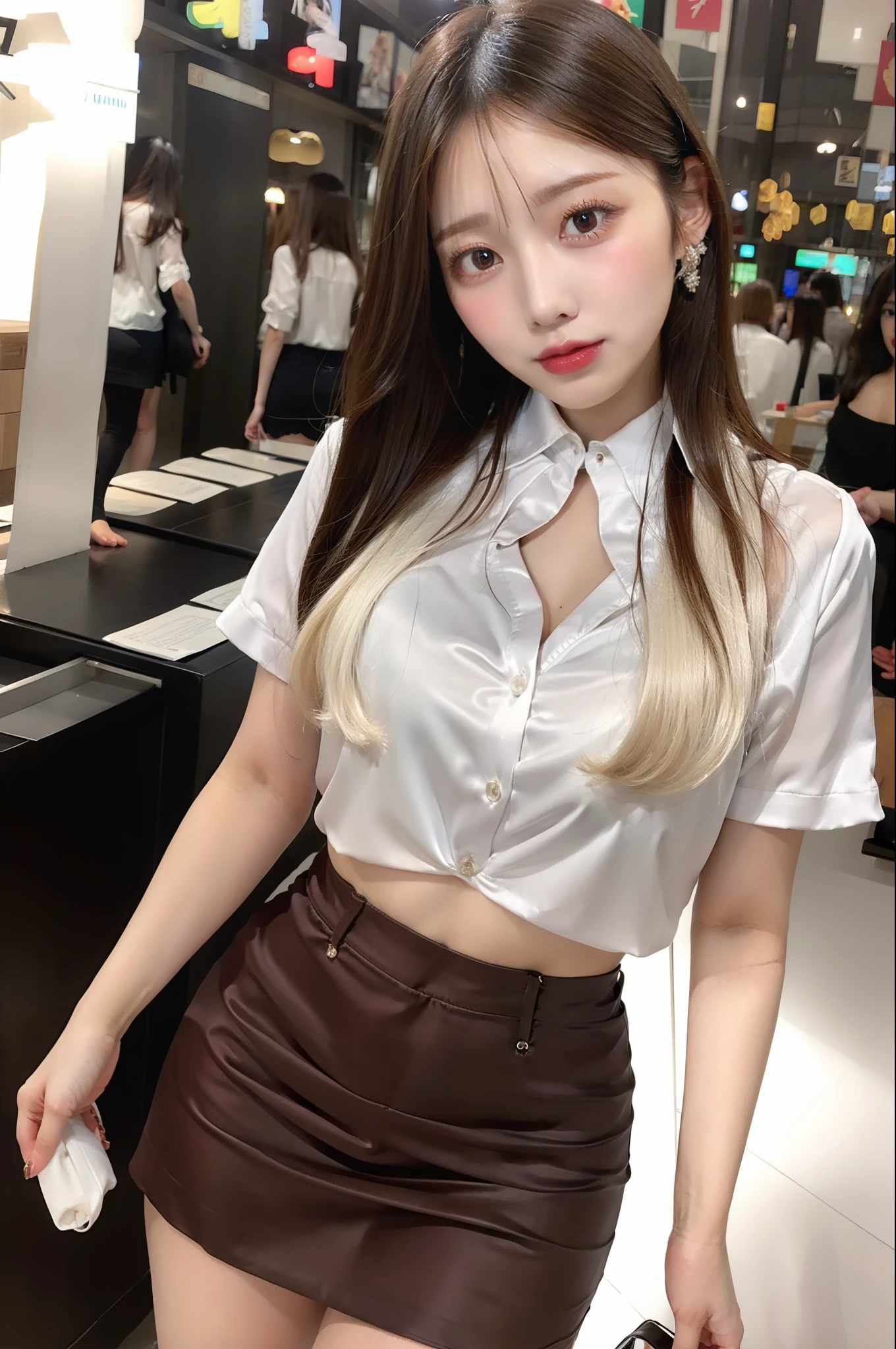 Satin blouse、tight skirts、huge tit