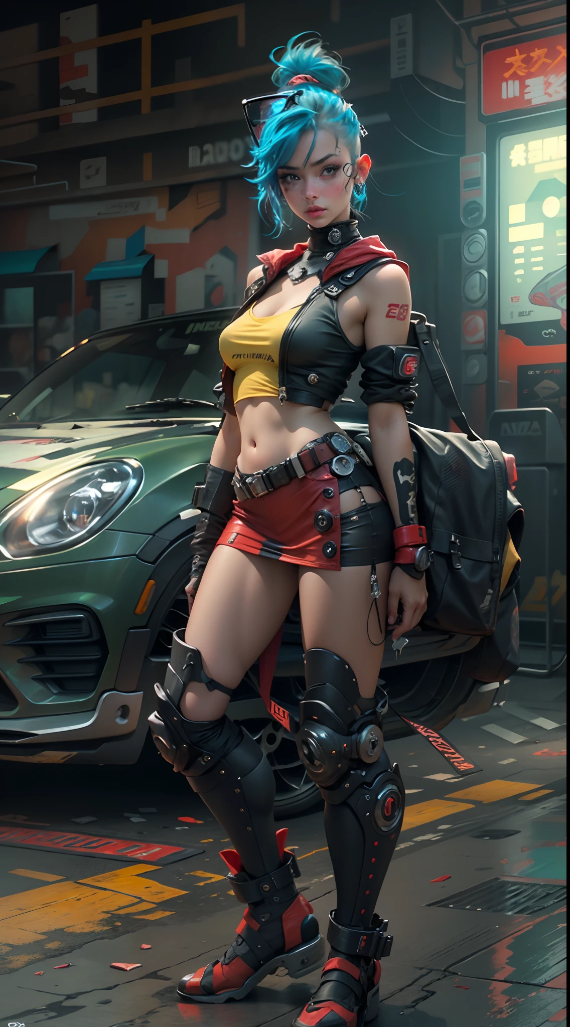 motor irreal:1.4,CG ultra realista 64K, fotorrealista:1.4, textura de la piel:1.4, obra maestra:1.4,Hermosa mujer con lingeries babydoll、Ropa corta estilo cyberpunk color amarillo, pantimedias red , mini skirt blue,
