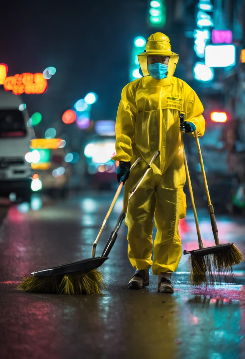 vietnam street sweeper in her yellow protection suite sweeping garbage on the street at night