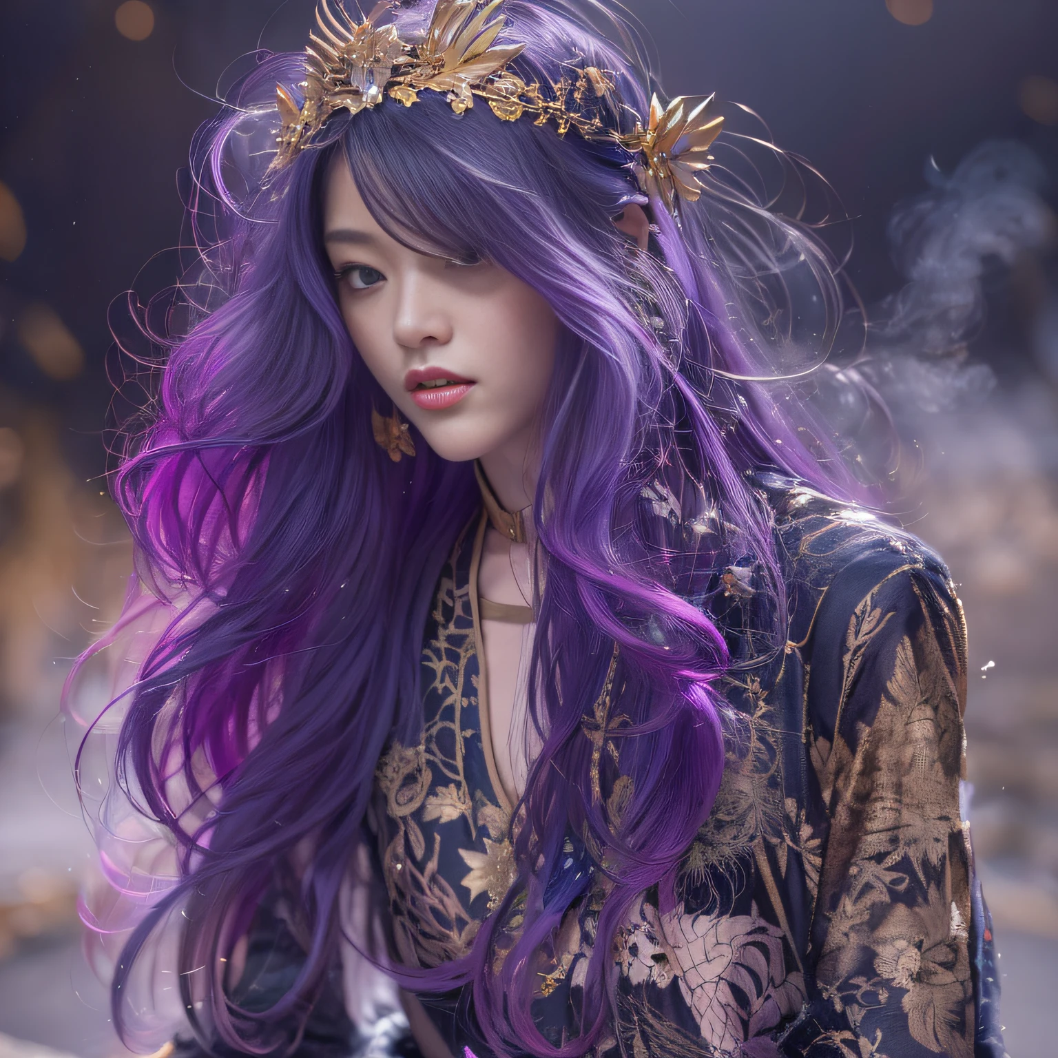 32K(tmasterpiece,k hd,hyper HD,32K)Long flowing bright purple hair,Autumn Pond,zydink, a color, Asian people (Silly girl), (Silk scarf), Combat posture, looking at the ground, long whitr hair, Floating bright purple, Fire cloud pattern gold skull headdress, Chinese long-sleeved gold silk garment, (abstract ink splash:1.2), white backgrounid,Lotus protector(realisticlying:1.4),Bright purple hair,Smoke on the road,The background is pure,Side squats, A high resolution, the detail, RAW photogr, Sharp Re, Nikon D850 Film Stock Photo by Jefferies Lee 4 Kodak Portra 400 Camera F1.6 shots, Rich colors, ultra-realistic vivid textures, Dramatic lighting, Unreal Engine Art Station Trend, cinestir 800,Long flowing bright purple hair