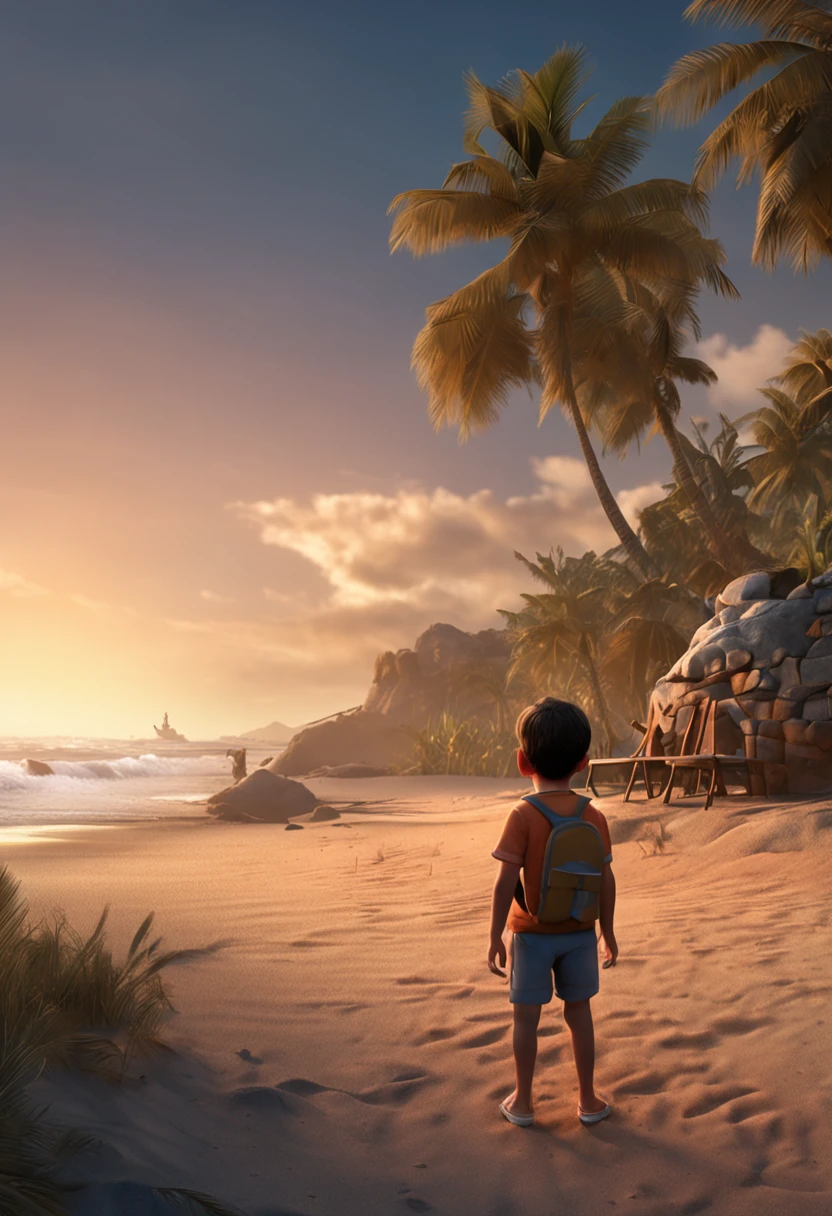 movie picture quality,Disney animation,Disney animated films,style of disney animation,A young boy builds a castle out of sand on the beach,Denim suspenders,The barefoot,depth of fields,high light,Real light,Ray traching,oc rendered,Hyper-realistic,best qualtiy,8K,Works of masters,super-fine,Detailed pubic hair,Correct anatomy,sharp focus on eyes,Bokeh,Facial features are carefully depicted