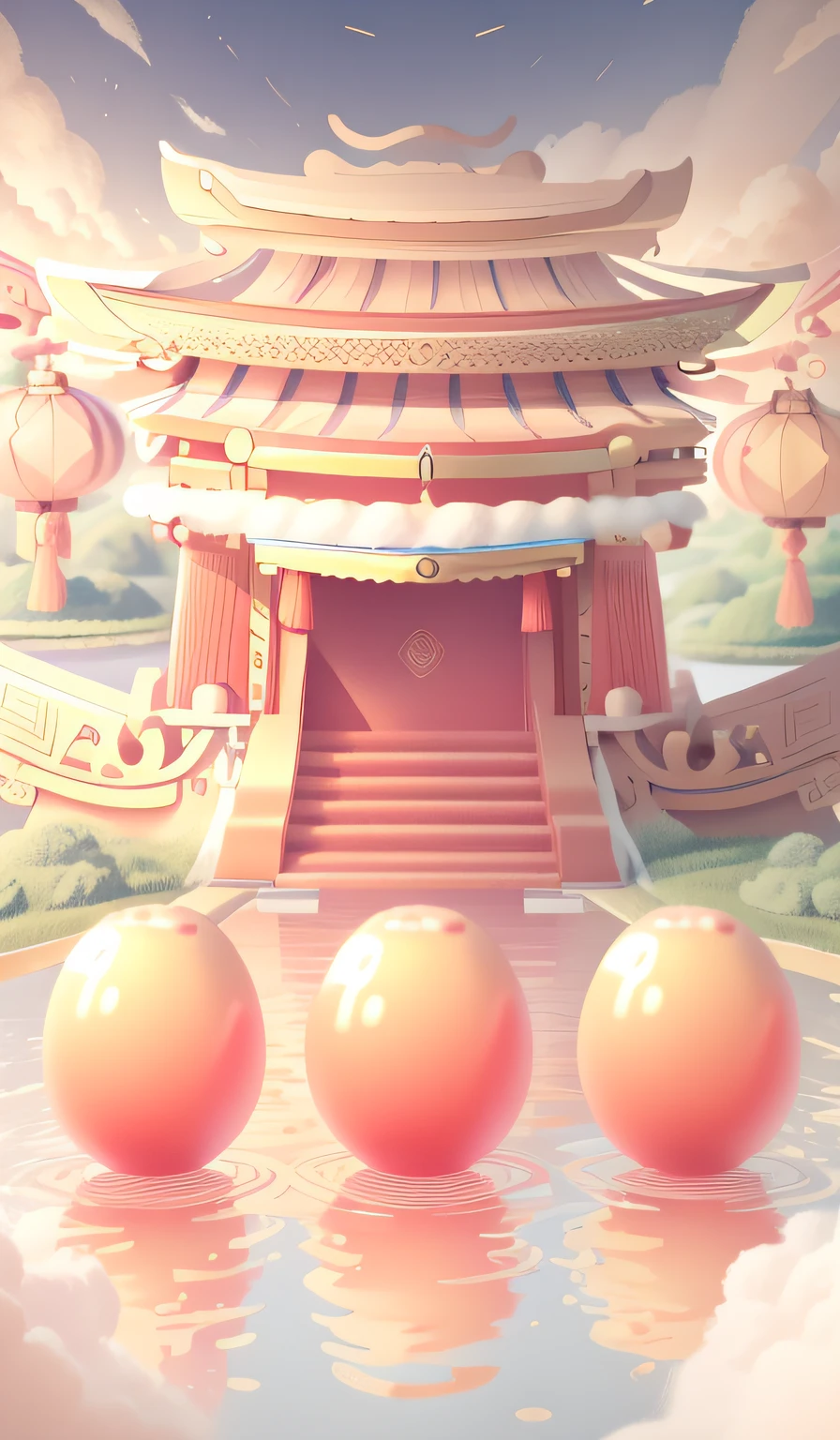 The stage is in the middle,Focus Golden Egg,Auspicious clouds,New Year atmosphere,The Gate of China,Torii,pillar,Background bokeh,ancient buildings of China,red colour,jubilation,Red theme,Lanterns,3D