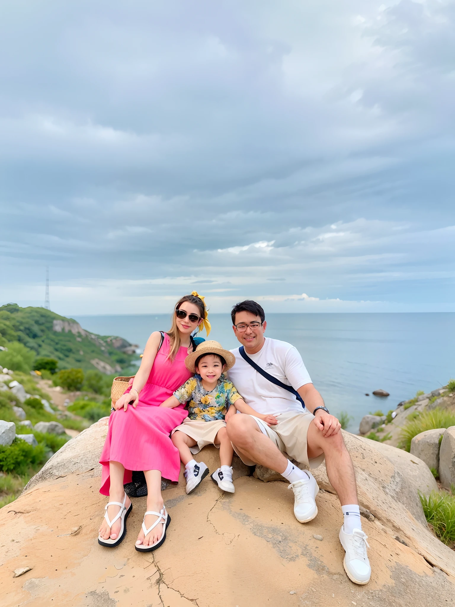 Naturescape photography, (Best Quality, hyper realistic:1.2), (Very detailed scenery), Magnificent mountain, sea of clouds, A clear sky, Fantastical, A woman watching the sunset, ((upper body)), (white t-shirts, Trekking shorts, trekking boots, rucksack), (ultra delicate face, ultra Beautiful fece, ultra delicate eyes, ultra detailed nose, ultra detailed mouth, ultra detailed facial features), Beautie, 18year old, Shy smile, Realistic body