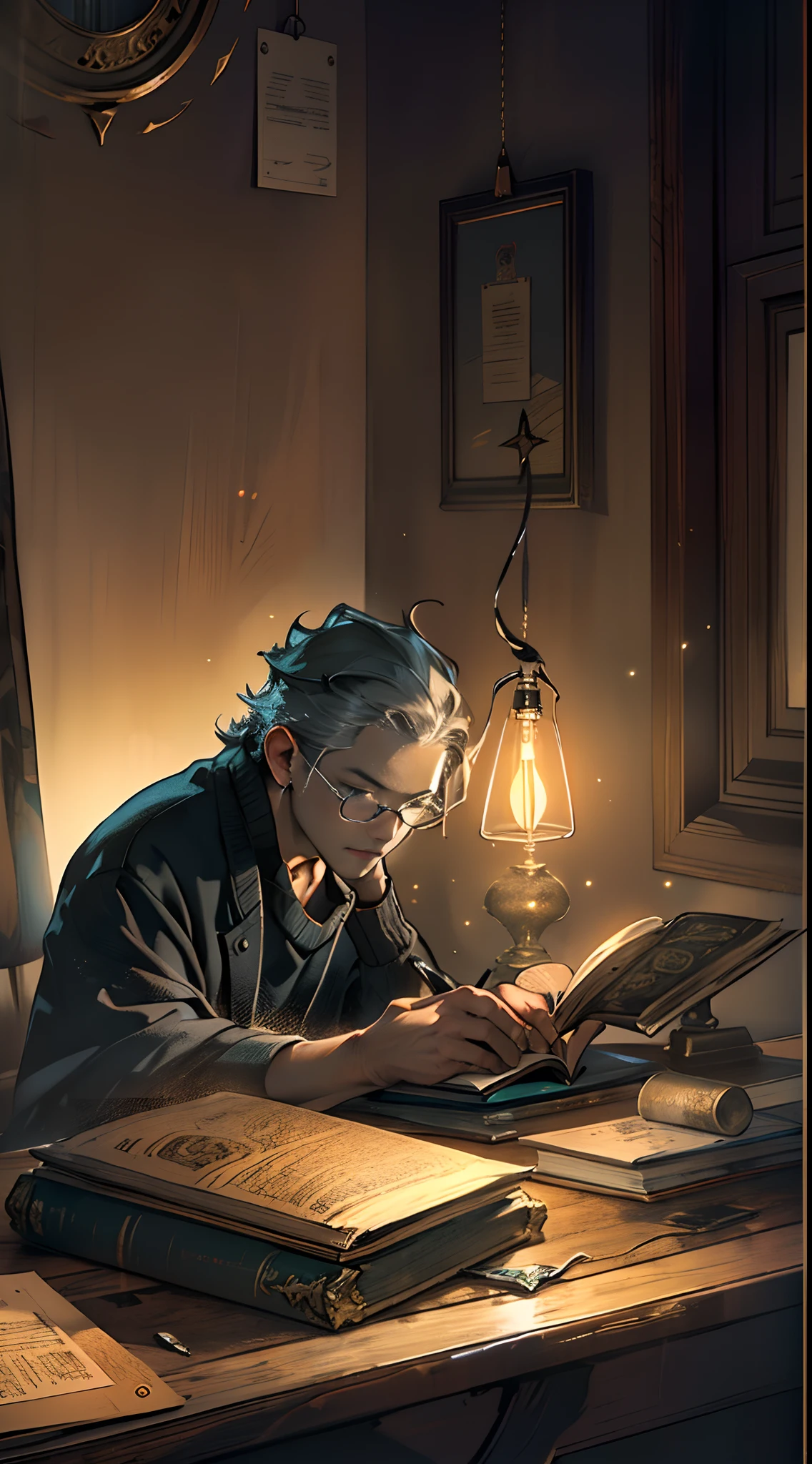 A mysterious author sitting at a desk, holding a novel, with dim surroundings and a dimly lit desk lamp, in the style of the stars art group xing xing, 32k, best quality, masterpiece, super detail, high details